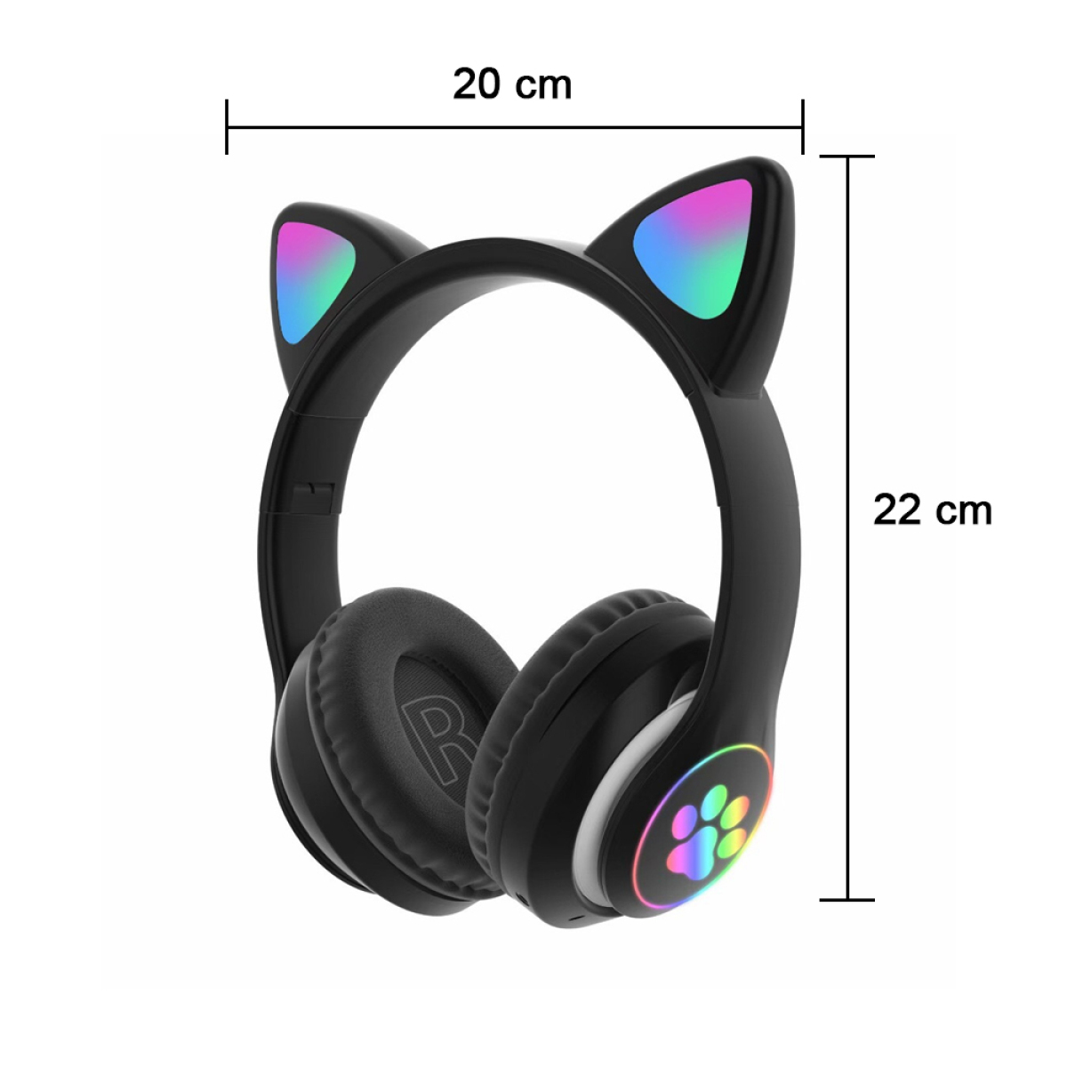 Schwarze Katzenohr-Kopfhörer. Abmessungen: 20 cm breit, 22 cm hoch. Regenbogenfarbene Ohrenspitzen und Pfotenabdruck.