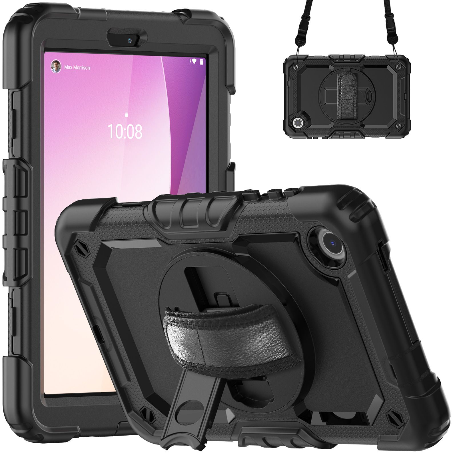 Ein schwarzes Tablet in einer Hülle. Es hat einen Ständer und einen Riemen. Weißer Hintergrund.