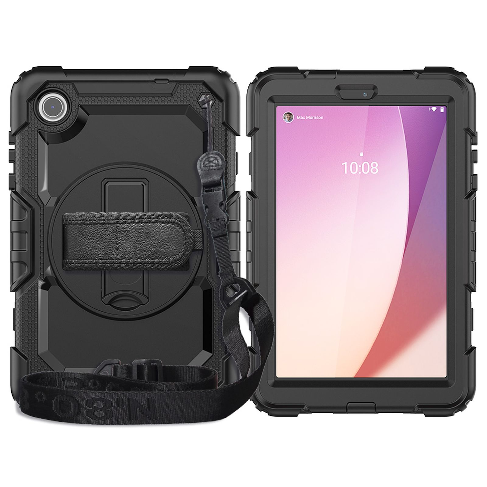 Schwarzes Tablet in robustem Gehäuse mit Riemen, auf weißem Hintergrund. Das Tablet ist rechts.