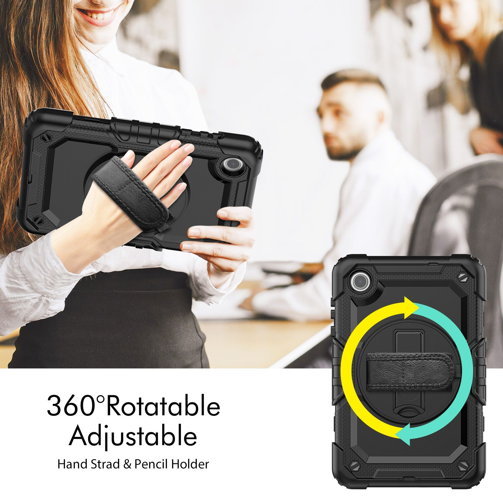 Frau hält Tablet mit 360° drehbarem Gehäuse. Handschlaufe und Stifthalter sind vorhanden.