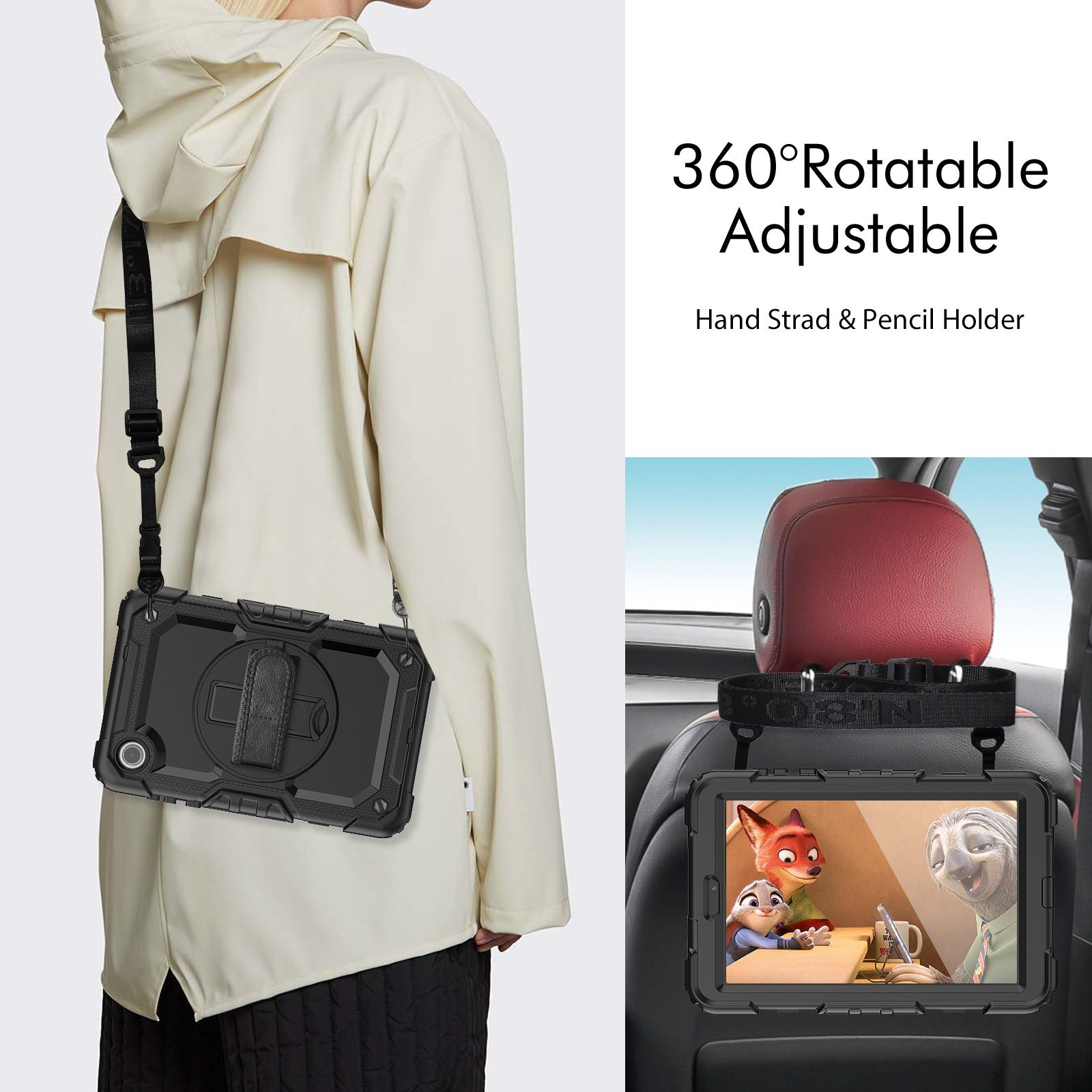 Tablet in Hülle, Kopfstützenhalterung im Auto, Text.