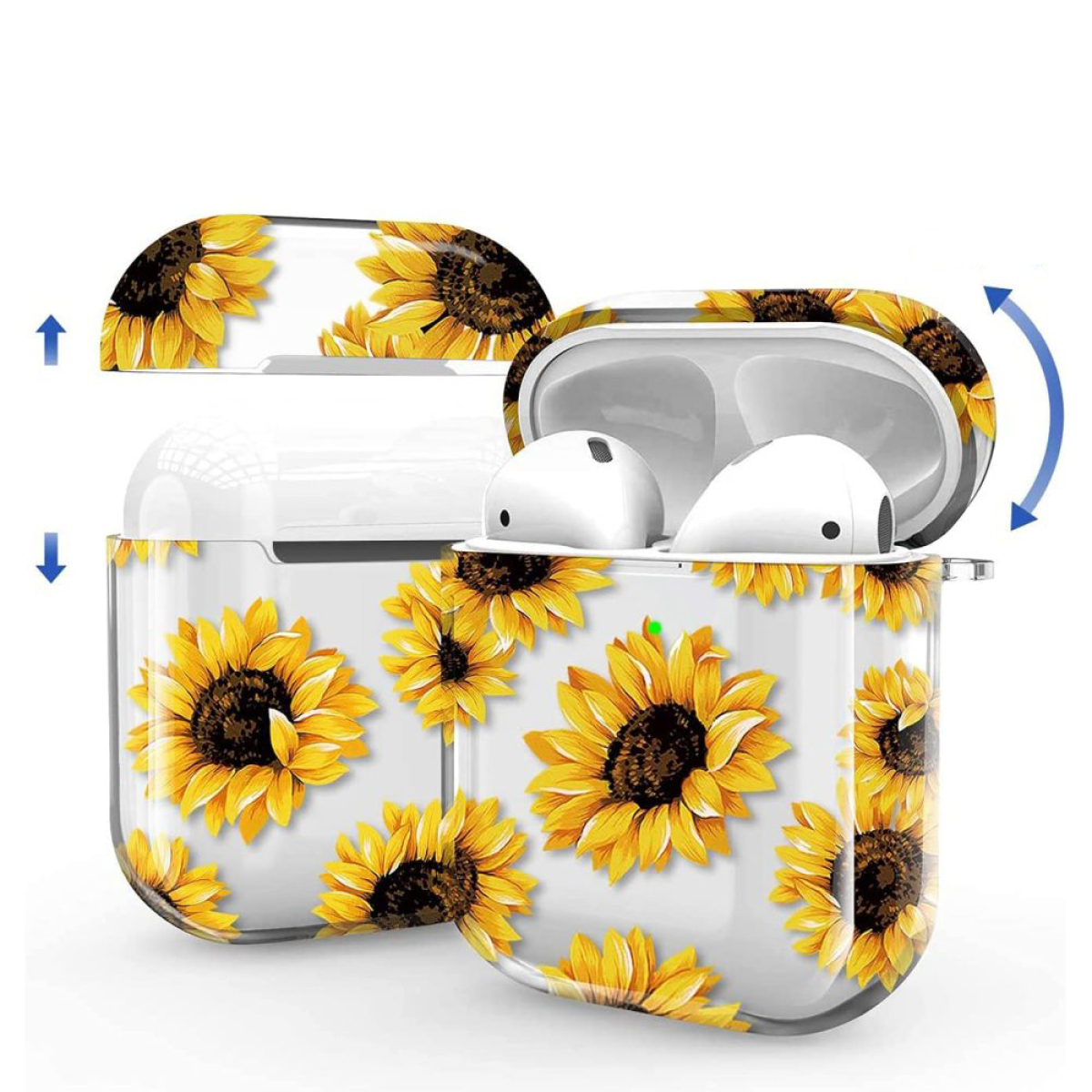 Weißes AirPod-Case mit Sonnenblumen-Design. Das Case ist geöffnet und zeigt die AirPods.