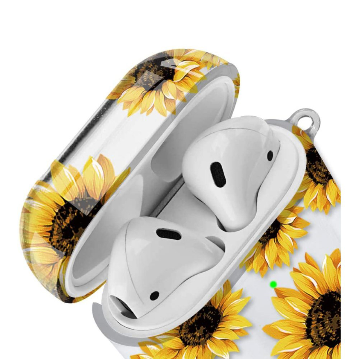 Weiße Ohrhörer in einem Gehäuse mit Sonnenblumenmuster. Gehäuse offen, Knospen zeigend. Hintergrund ist weiß.