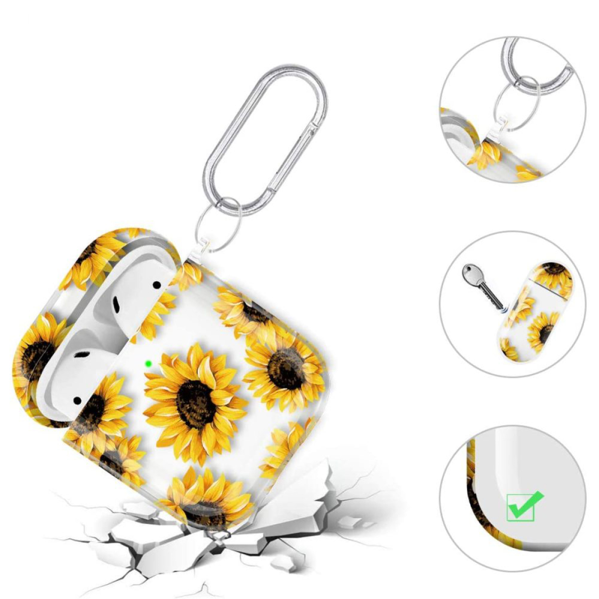 AirPods-Hülle mit Sonnenblumen. Die Hülle ist geöffnet. Weißer Hintergrund mit Rissen.