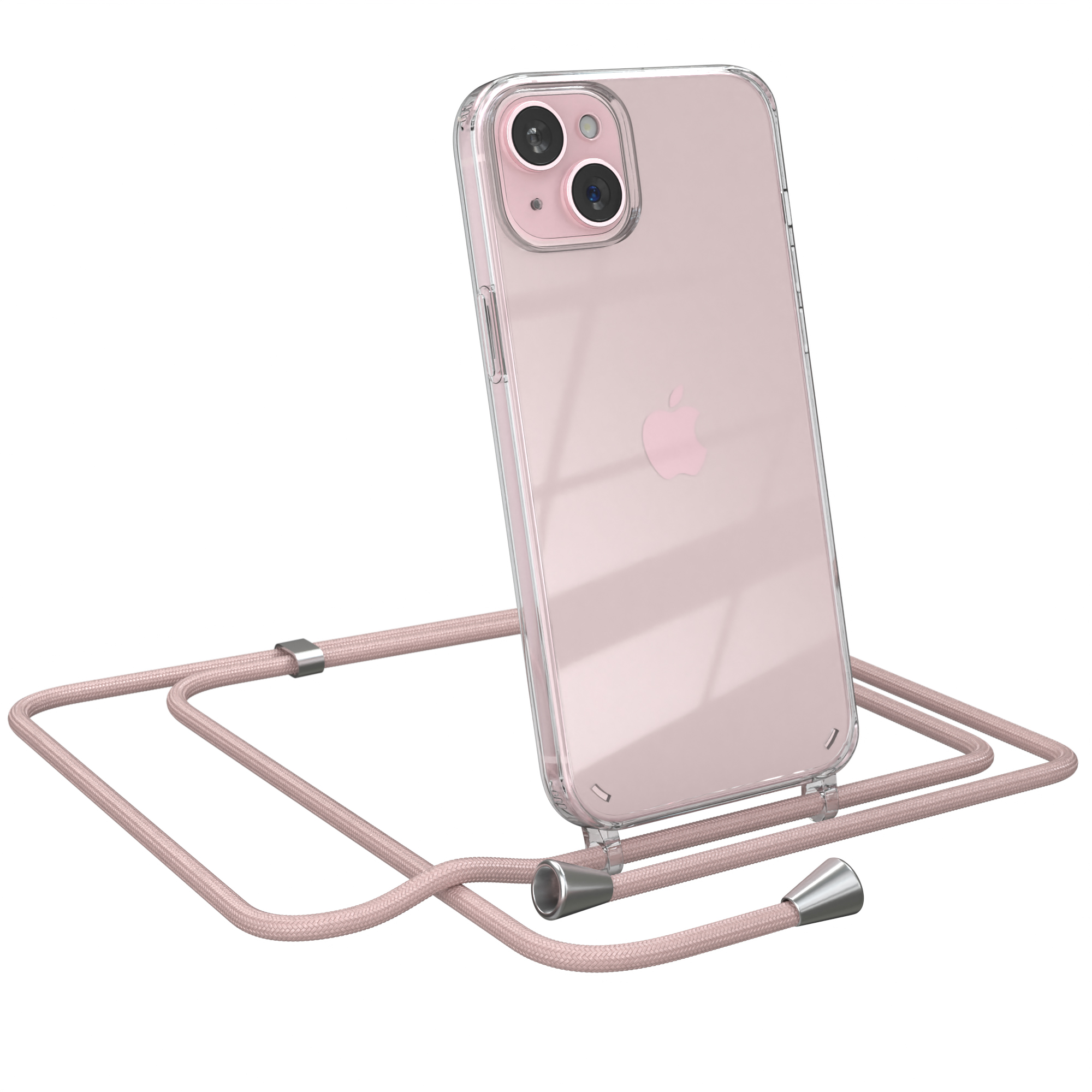 Rosa Telefon mit klarer Hülle und rosa Band. Weißer Hintergrund.