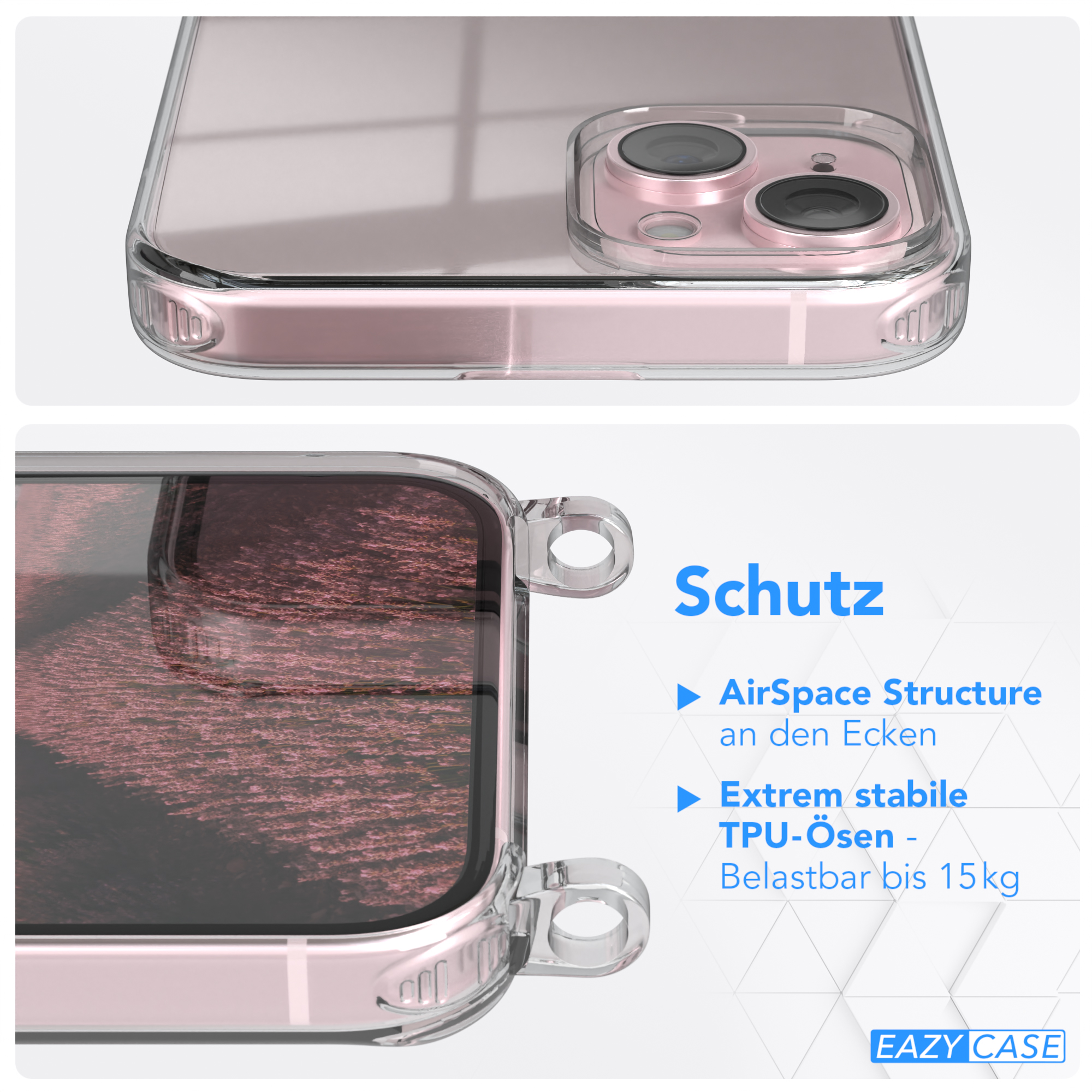 Transparente Handyhülle mit Telefon darin. Text sagt 'Schutz', 'AirSpace Structure' und 'TPU-Ösen'.