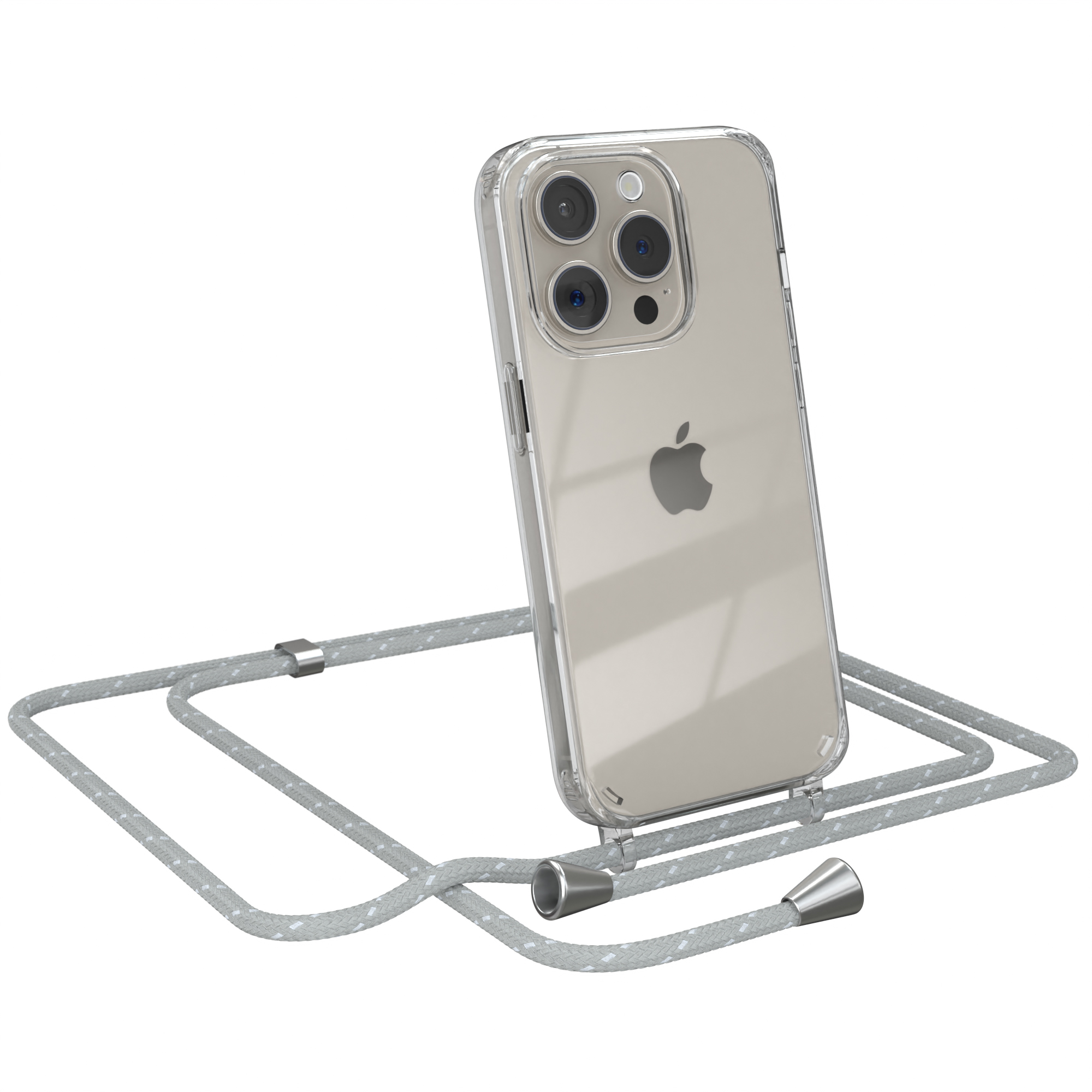 Transparente Handyhülle mit grauem Umhängeband. Apple-Logo sichtbar. Weißer Hintergrund.