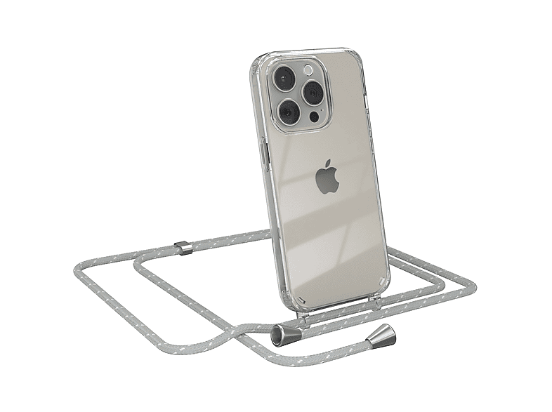EAZY CASE Clear Cover mit Umhängeband, Umhängetasche, Apple, iPhone 15 Pro, Hellgrau Weiß