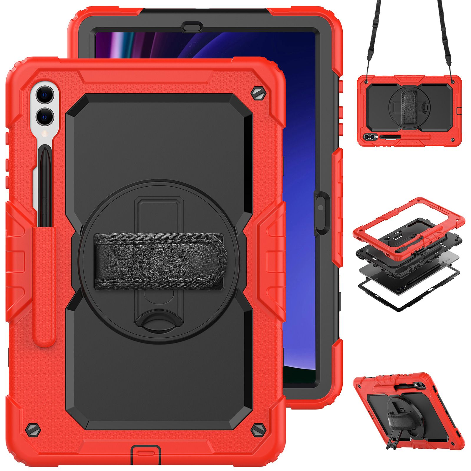 Rote und schwarze Tablethülle mit Stift und Tablet auf weißem Hintergrund.