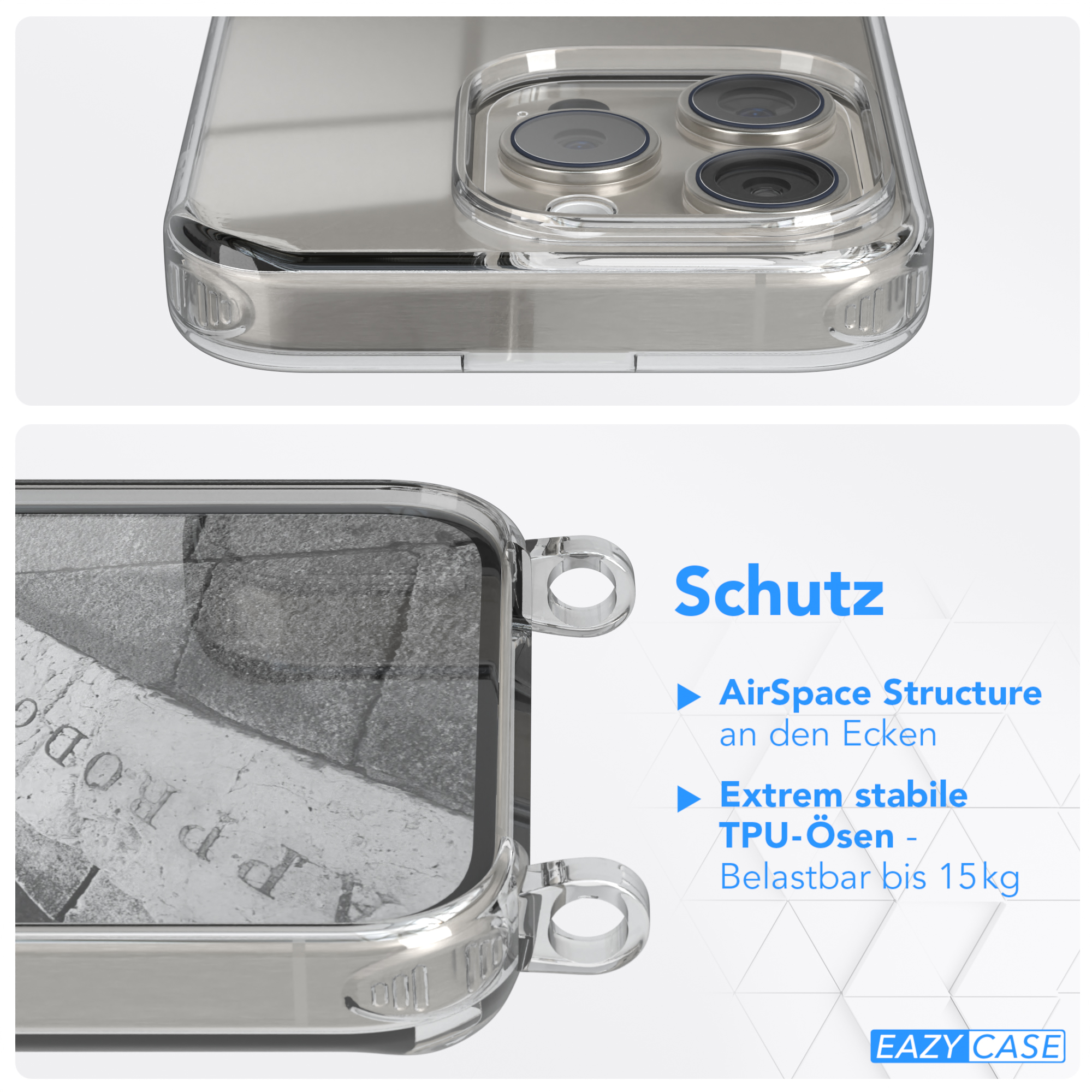 EAZY CASE Pro, Clear Weiß Umhängetasche, Hellgrau Umhängeband, Cover iPhone 15 mit Apple