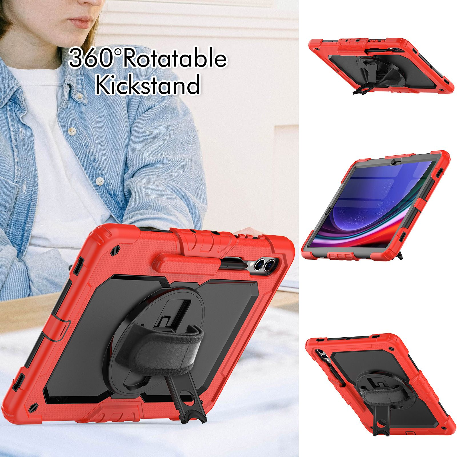 Eine rote Tablettasche mit einem Ständer. Die Tasche wird in mehreren Ansichten gezeigt.