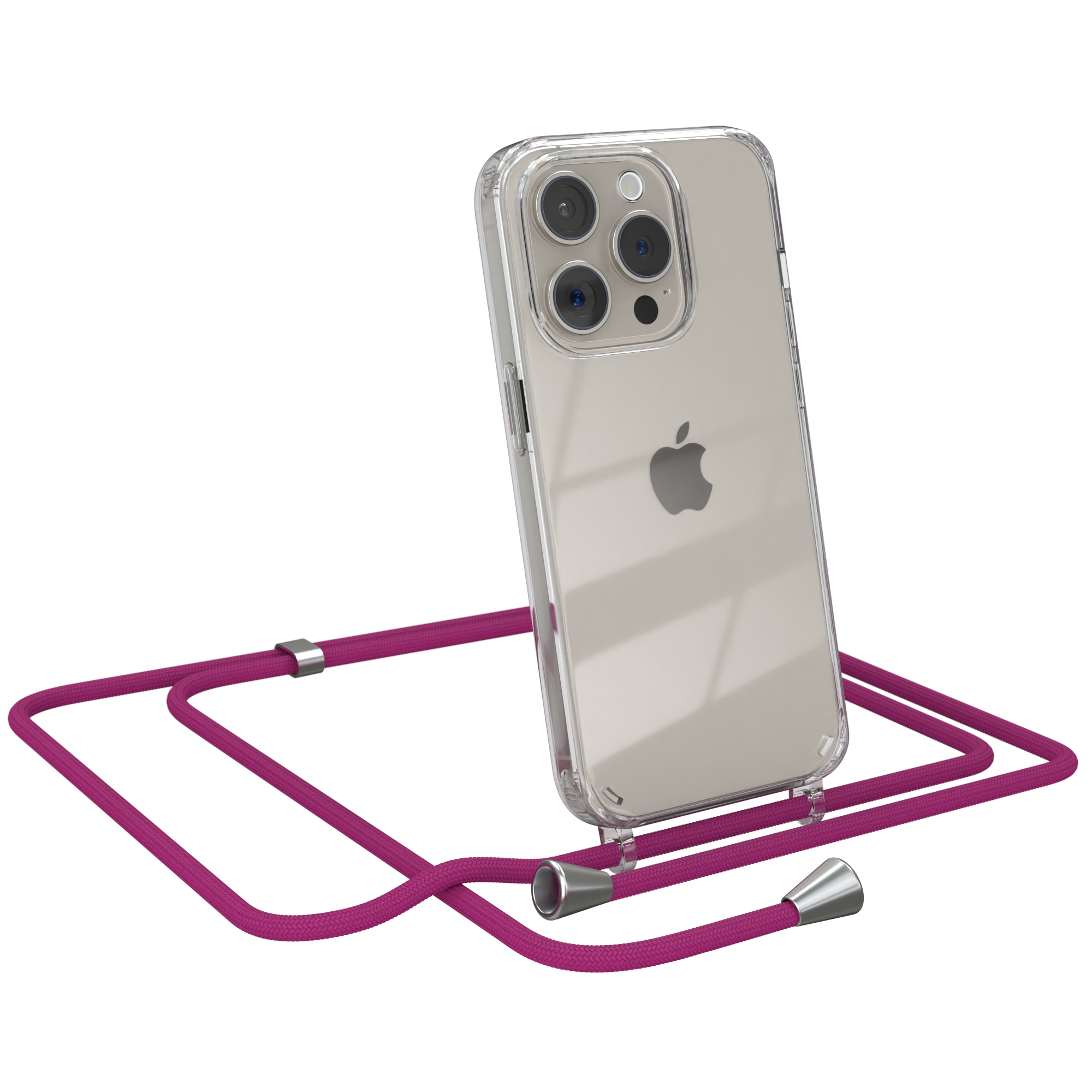 Klarer Handyhülle mit pinkfarbenem Umhängeband. Apple-Logo sichtbar. Weißer Hintergrund.