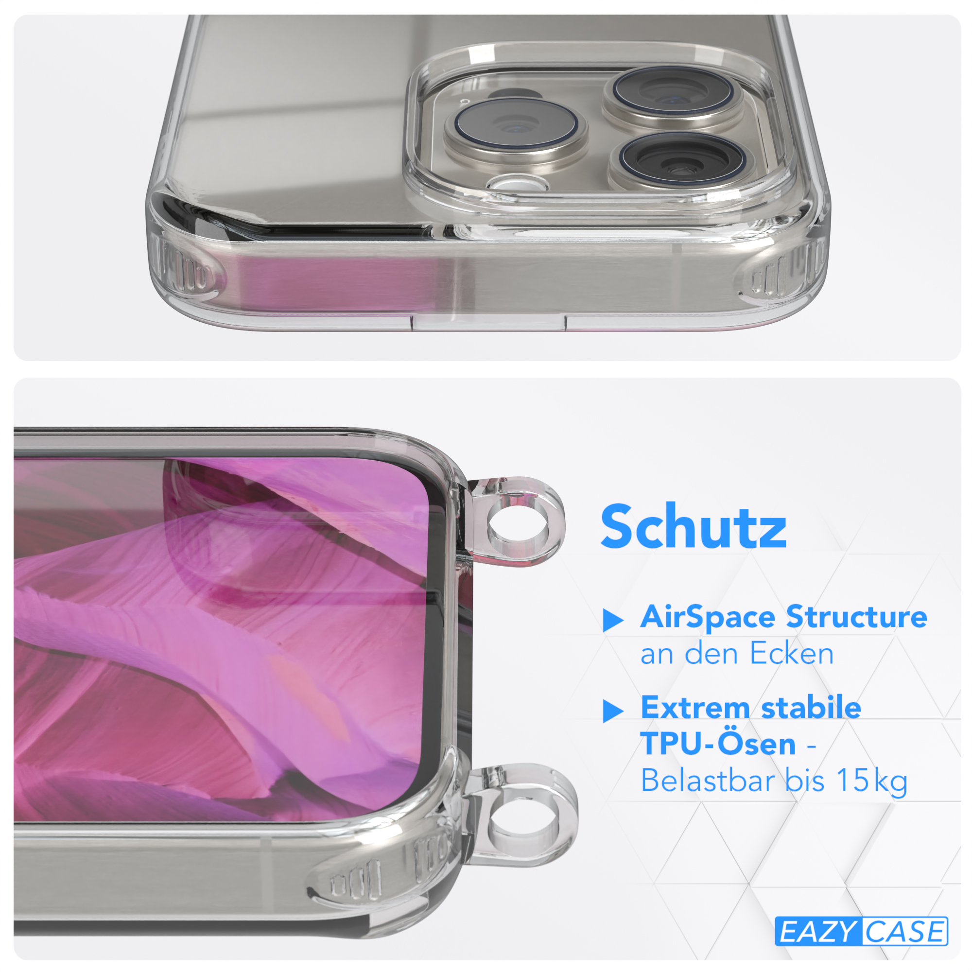 Nahaufnahme einer Handyhülle, die ihre Eigenschaften zeigt. Text lautet 'AirSpace Structure' und 'EAZY CASE'.