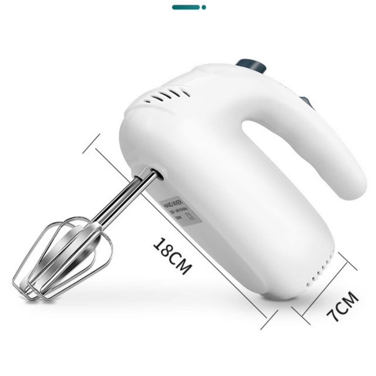 Weißer Handmixer mit Rührbesenaufsatz, Abmessungen von 18cm x 7cm werden angezeigt.