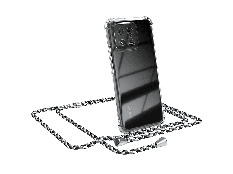 EAZY CASE Clear Cover mit Umhängeband, Umhängetasche, Xiaomi, 13, Schwarz Camouflage / Clips Silber