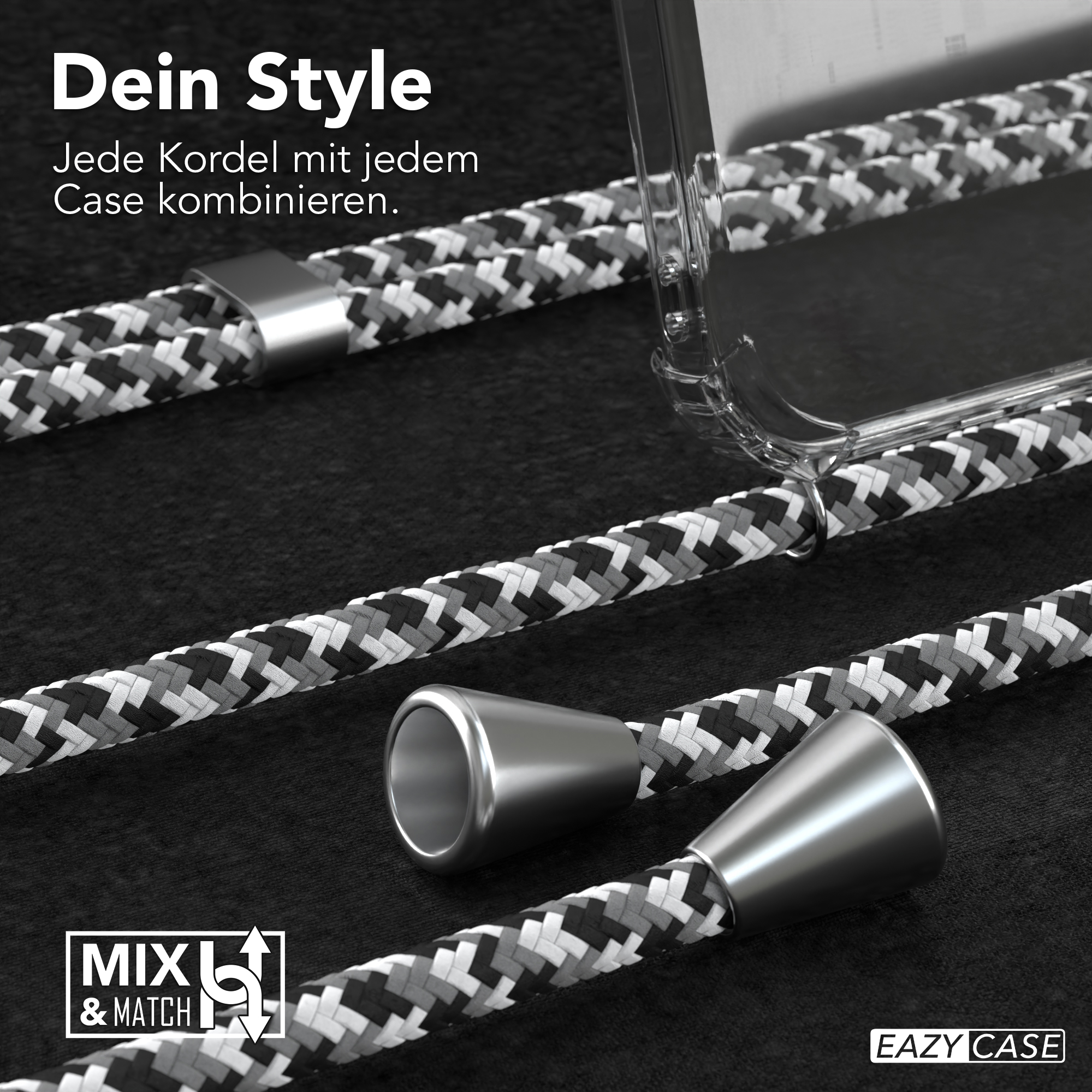 Handyhülle mit schwarz-grauem geflochtenem Kabel. Text: 'MXL & MATCH' und 'EAZY CASE'.