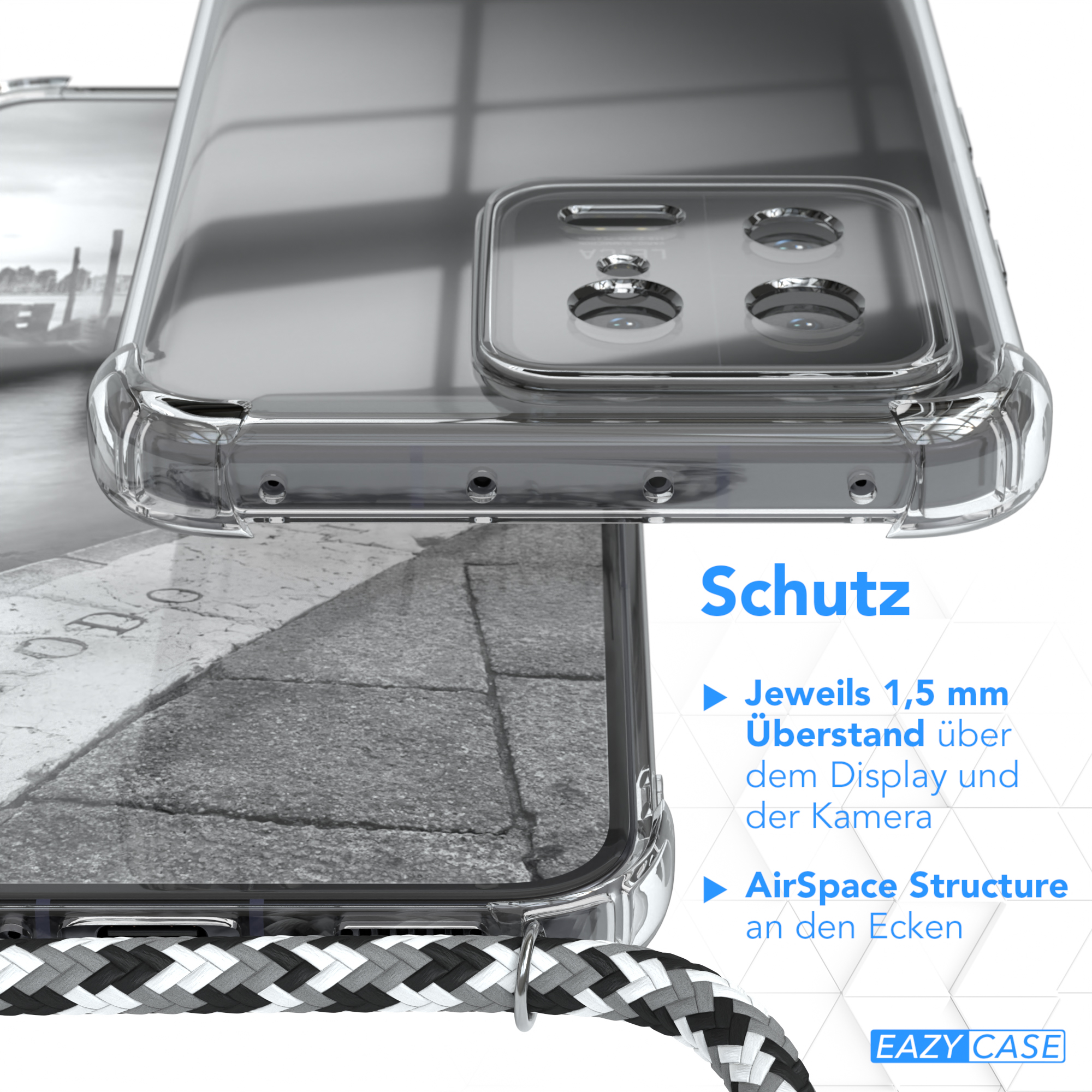 Handyhülle mit Telefon und geflochtenem Gurt, mit dem Wort 'Schutz'.