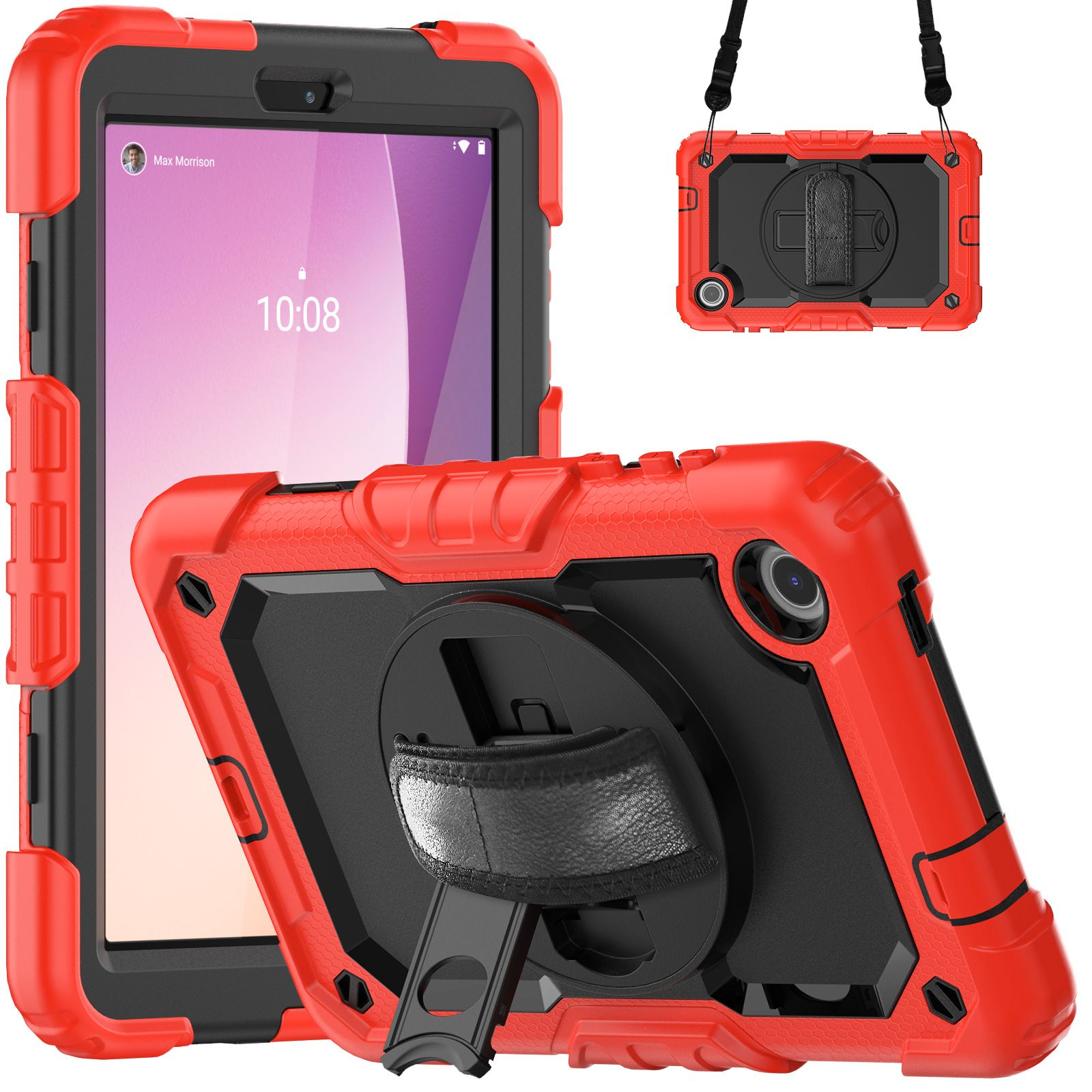 Rote und schwarze Tablet-Hülle. Tablet hat einen Bildschirm. Drei Ansichten.