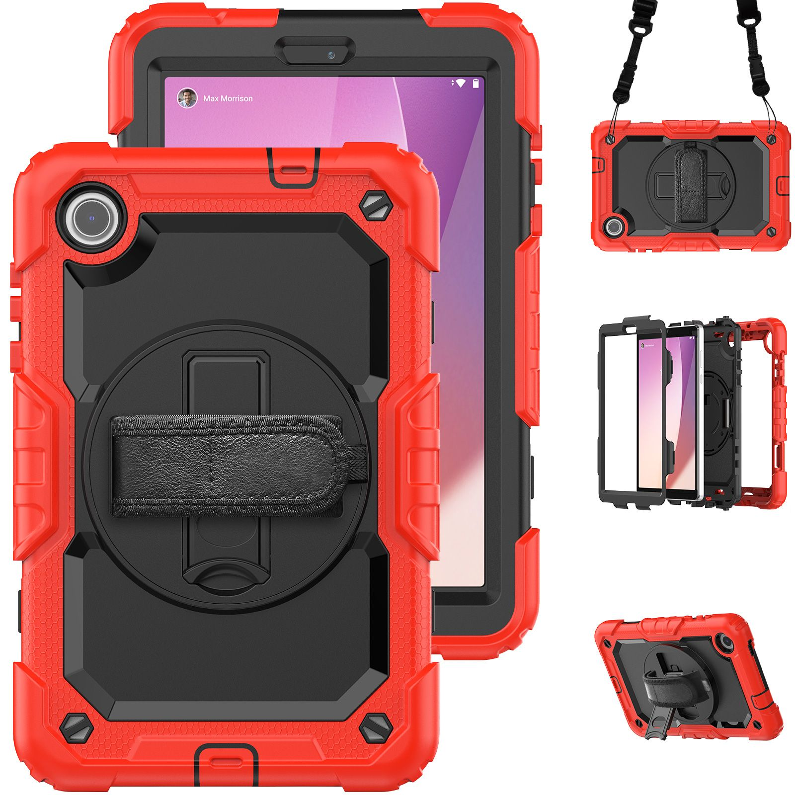 Rote Tablet-Hülle mit zwei Tablets und ein paar anderen Ansichten, alles rot und schwarz.