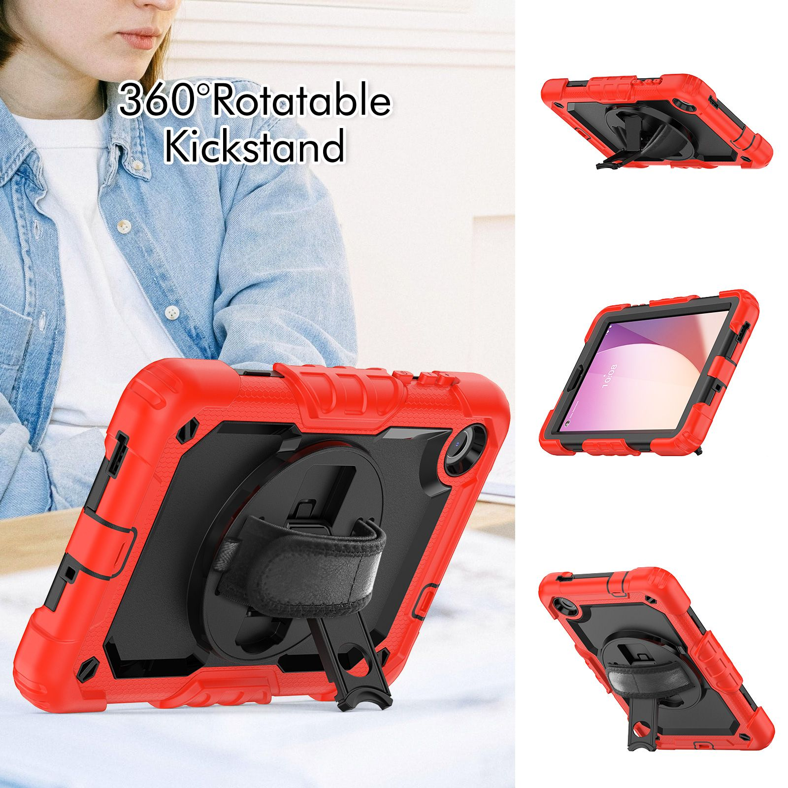 Tablet in roter Hülle mit Ständer, neben einer Person.