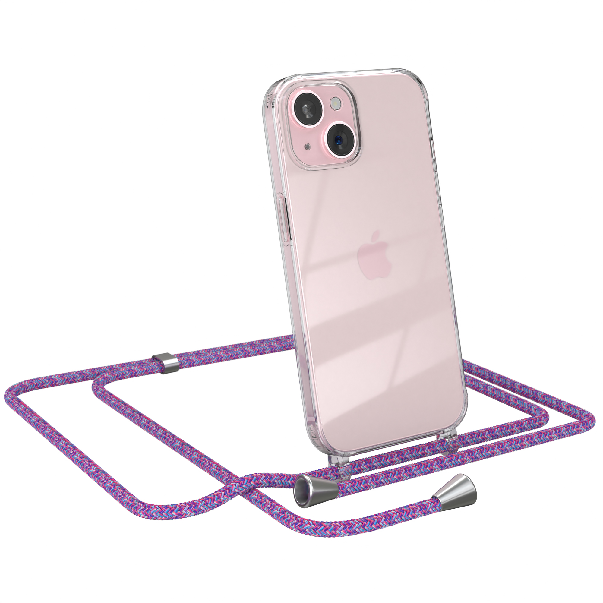 Transparente Handyhülle mit pinkem Telefon und lila Umhängeband auf weißem Grund.