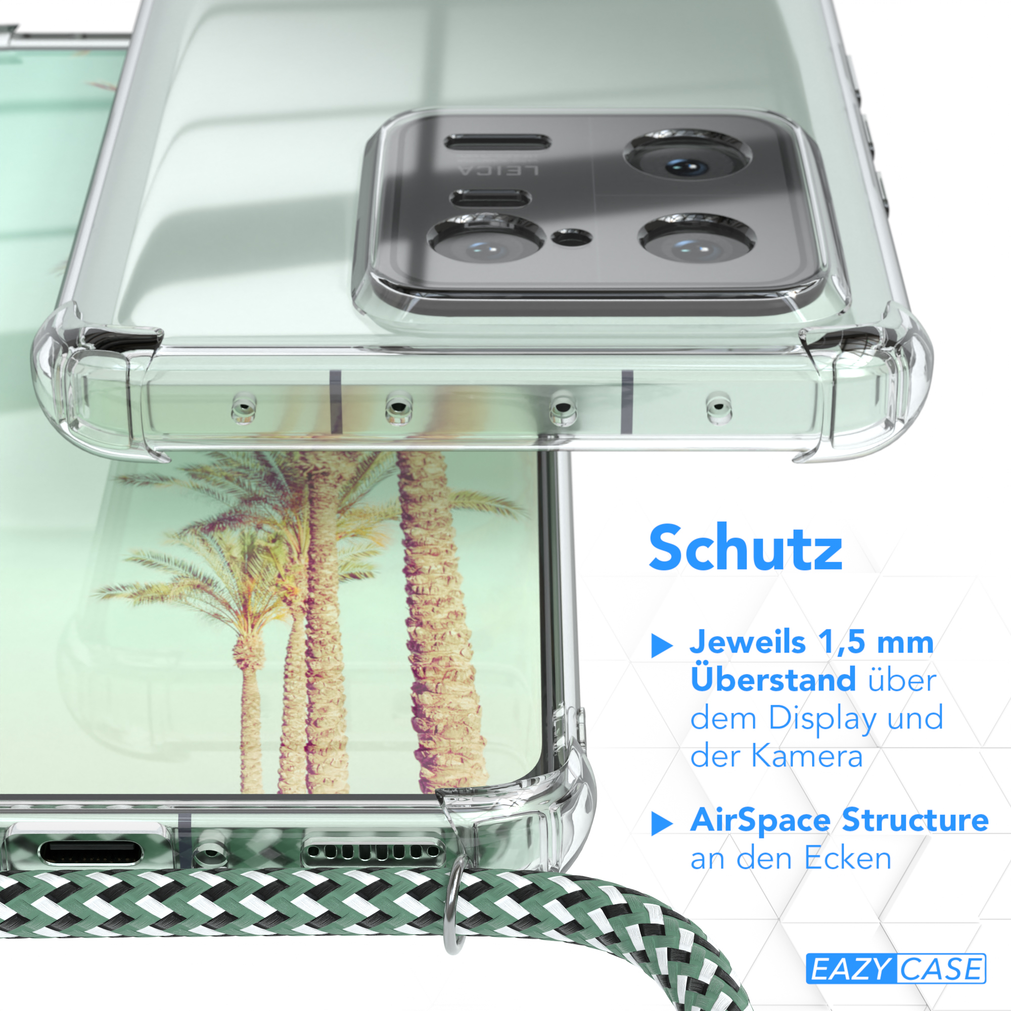 Eine Handyhülle mit durchsichtigem Rücken und grünem Riemen. Die Hülle hat einen Kameraausschnitt und ein Palmen-Design.