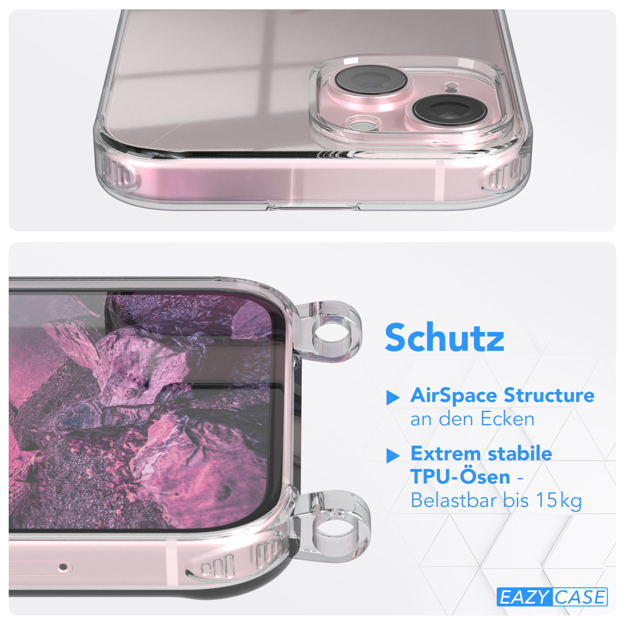 Nahaufnahme einer Handyhülle und eines Telefons. Rosa Telefon. Eigenschaften: AirSpace Structure, TPU-Ösen.