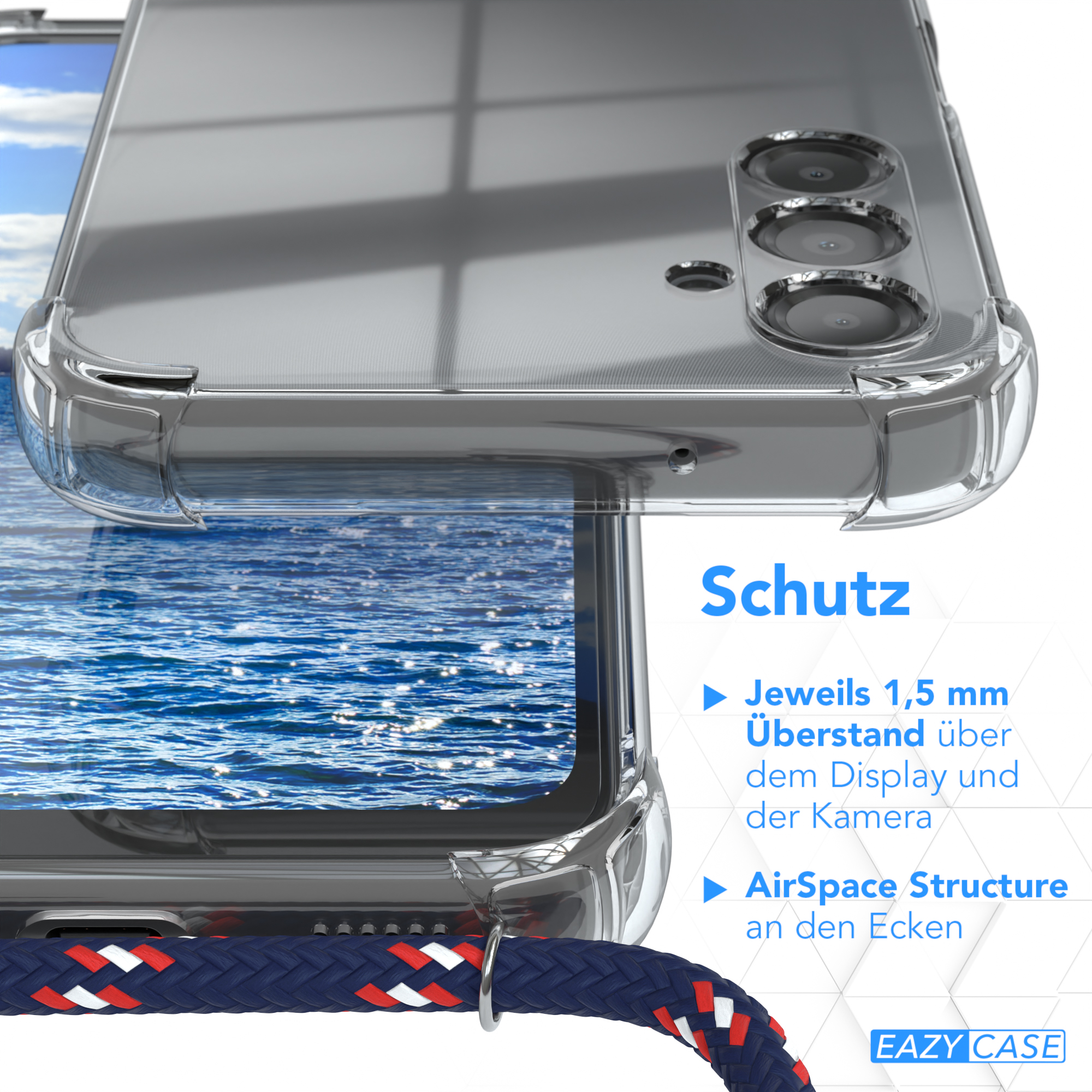 Smartphone in transparenter Hülle, mit blau-rotem Schlüsselband. Nahaufnahme. Wasser-Hintergrund.