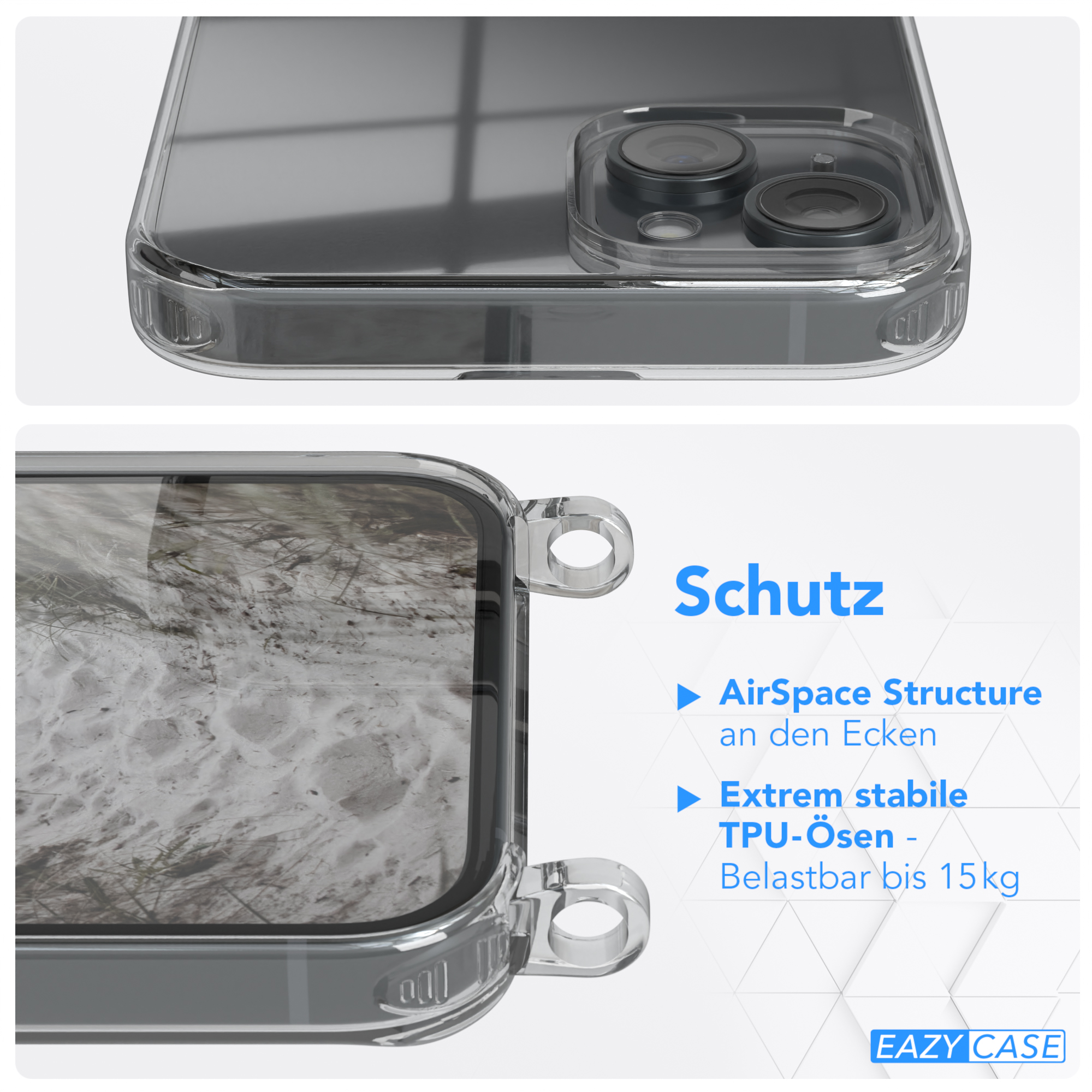 EAZY CASE Clear 15 Plus, Umhängeband, iPhone / Silber Apple, Weiß mit Clips Cover Umhängetasche