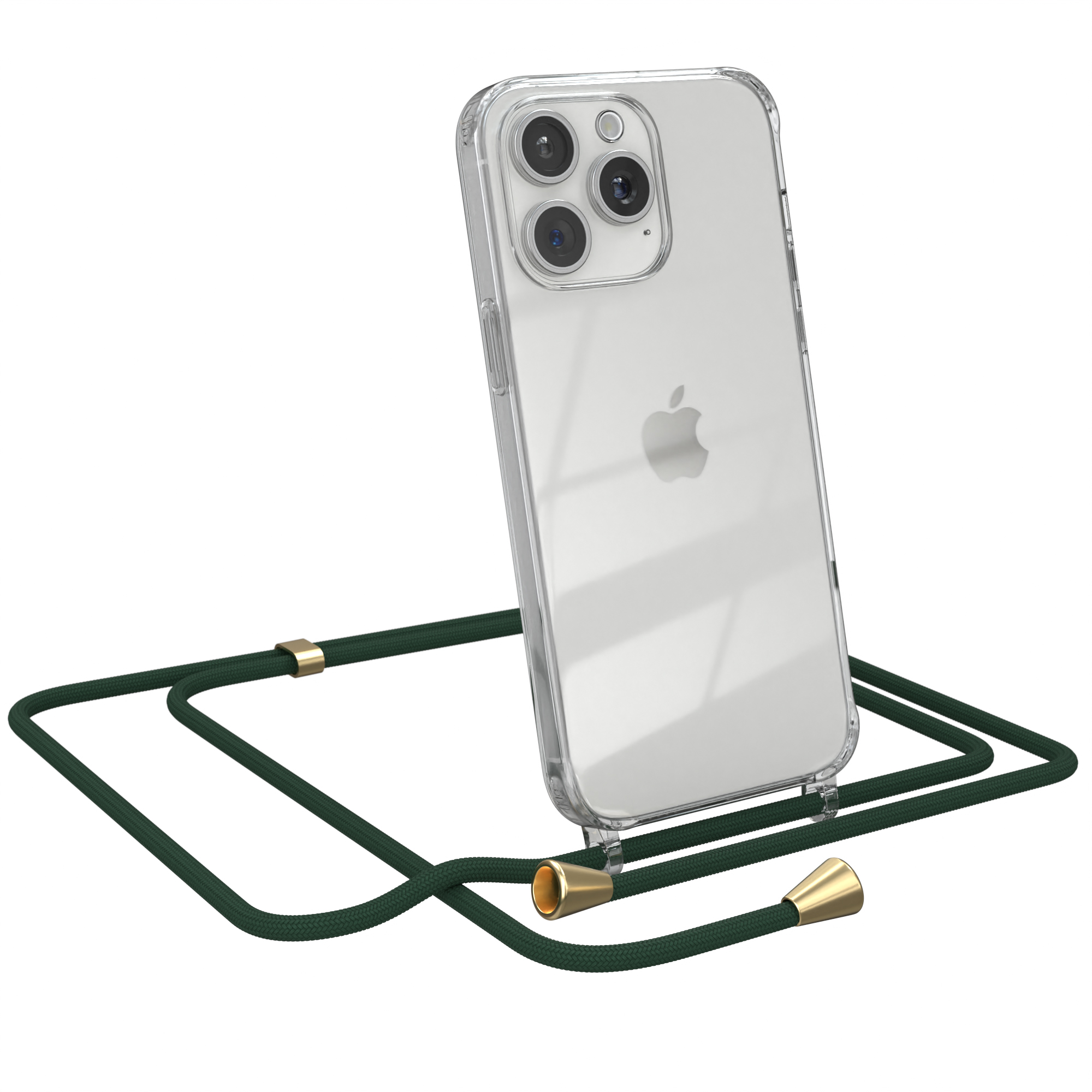 Max, CASE Clear / mit Apple, EAZY Grün Umhängeband, Umhängetasche, iPhone Pro Cover Clips 15 Gold