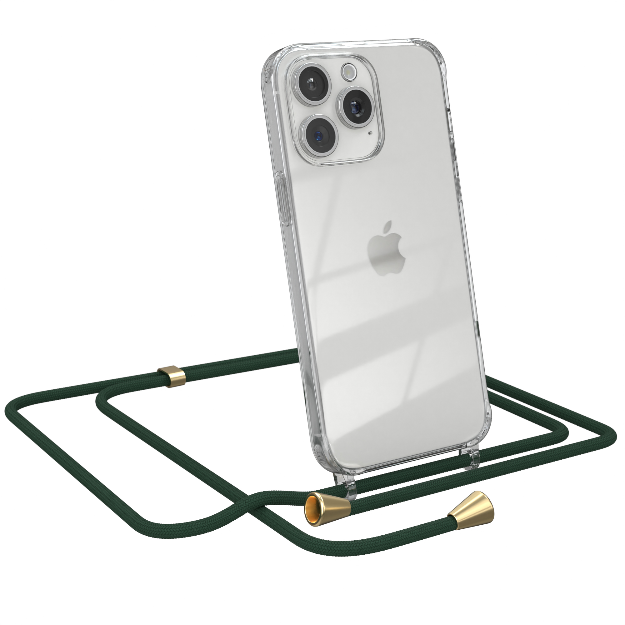 Transparente Handyhülle mit dunkelgrünem Kabel. Telefon ist weiß. Weißer Hintergrund.