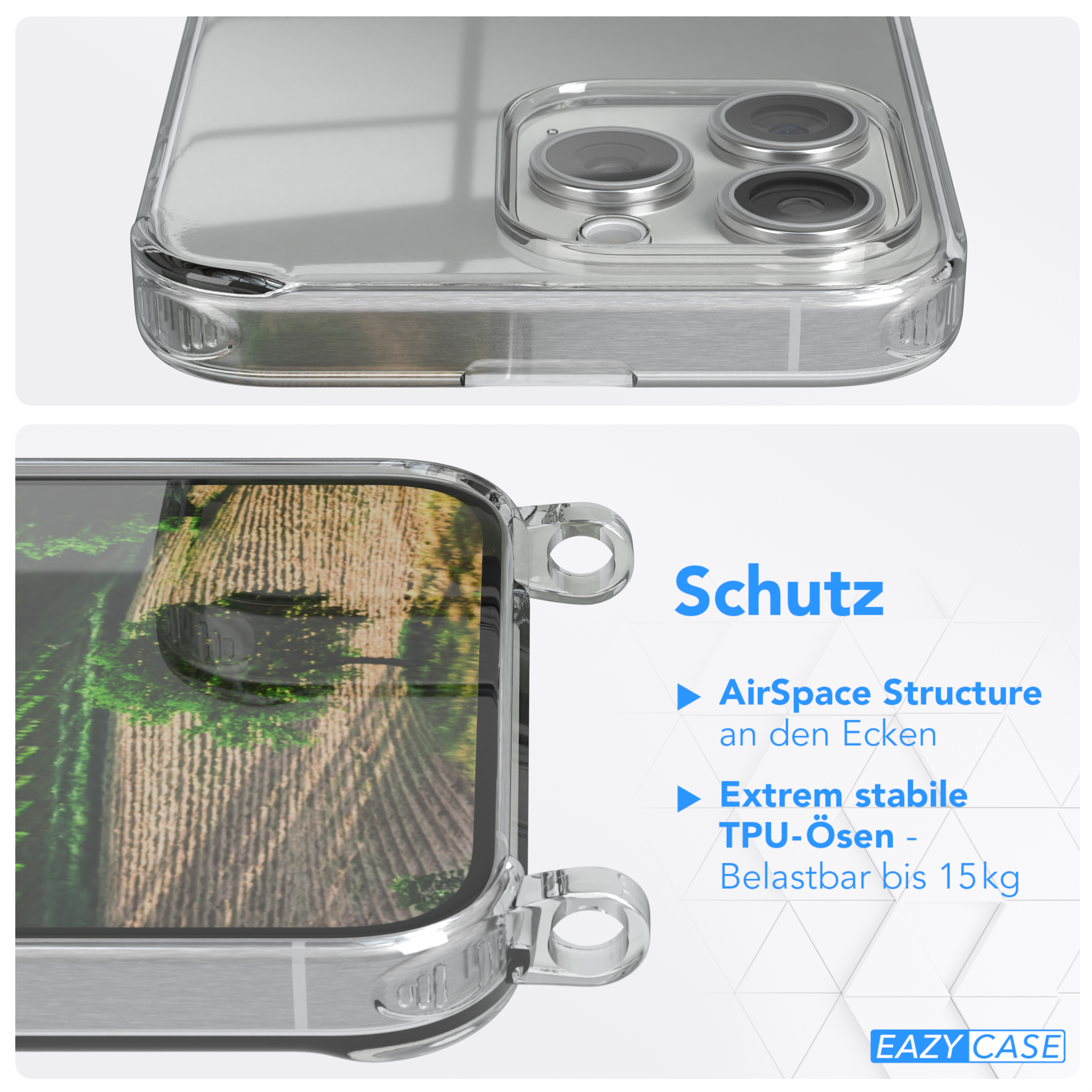 Transparente Handyhülle mit Telefon, Text auf Deutsch und Nahaufnahme der Ecke.