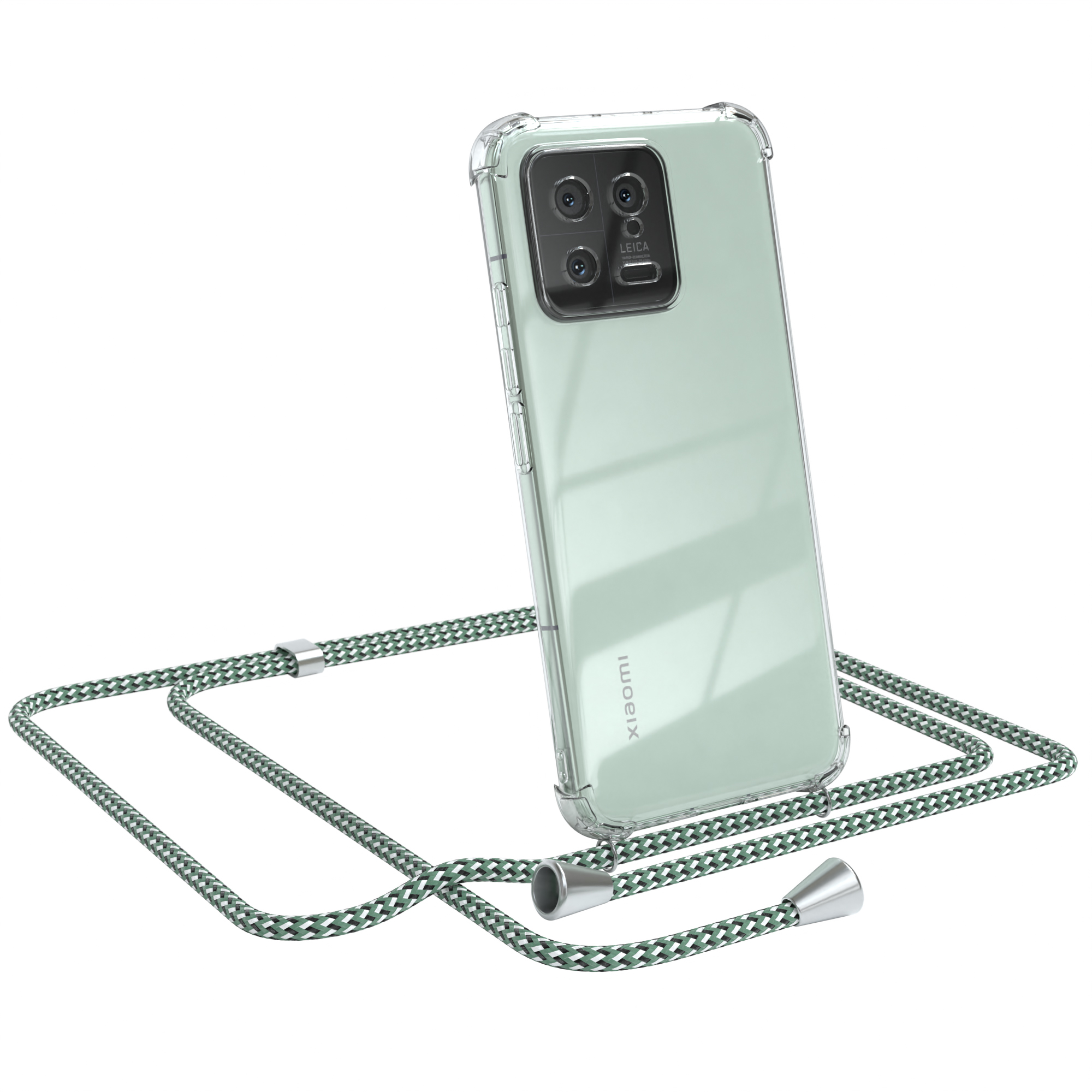 Ein grünes Telefon mit klarer Hülle und einem grün-weißen Telefonband auf weißem Hintergrund.