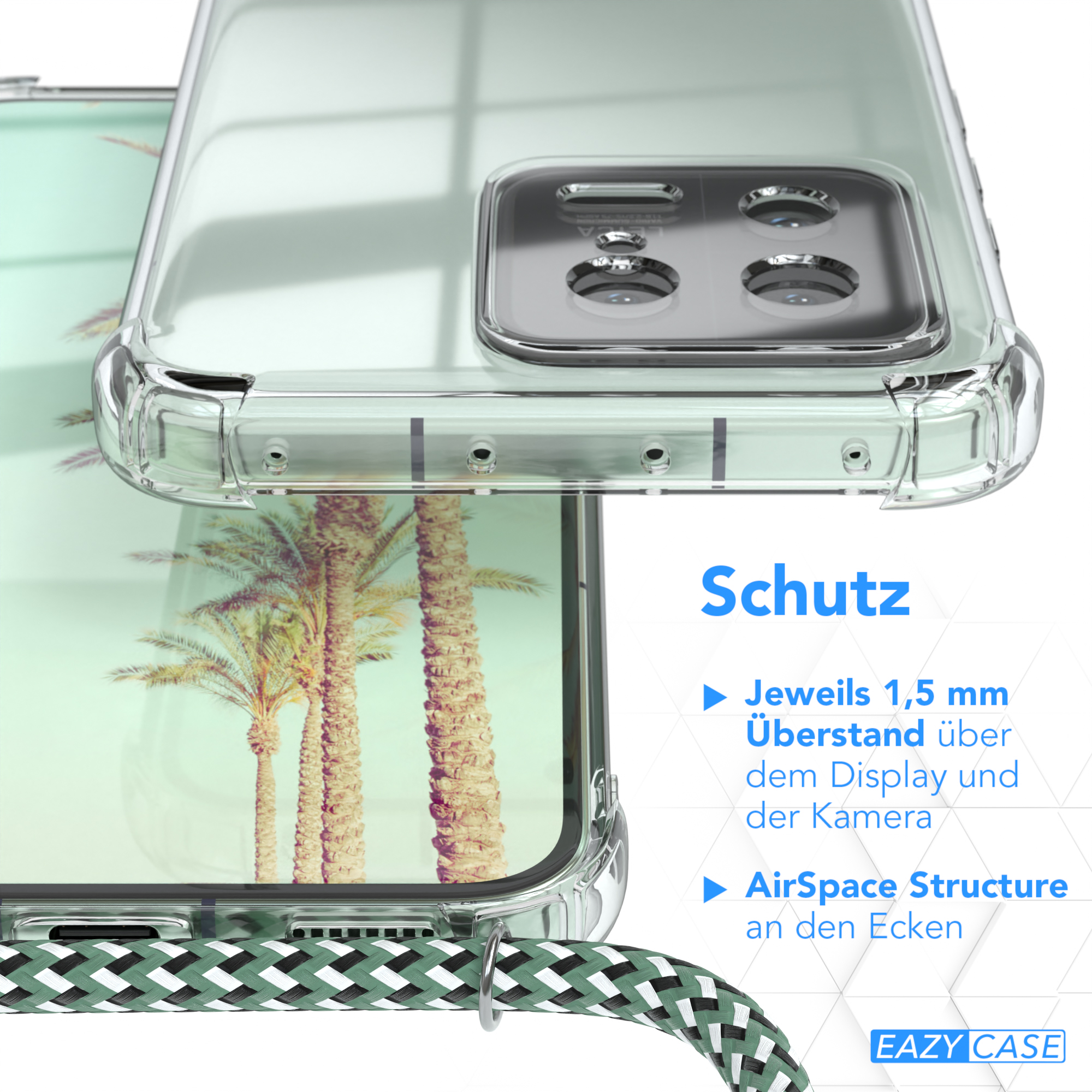 Transparente Handyhülle mit Palmenhintergrund. Merkmale sind Display- und Kameraschutz und AirSpace-Struktur.