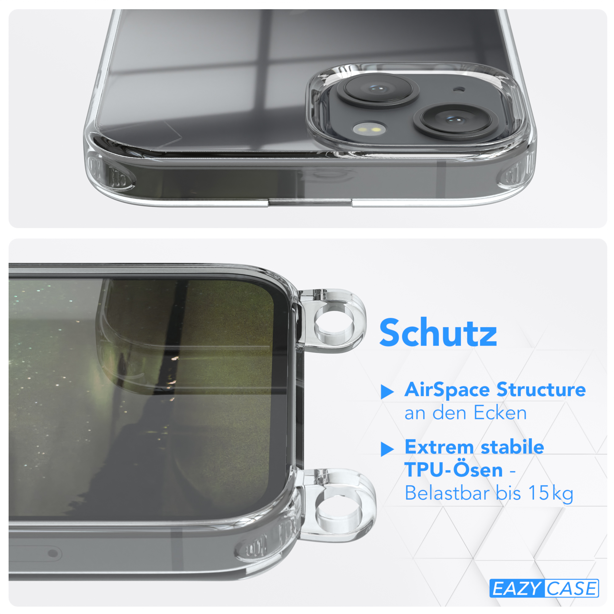 Eine transparente Handyhülle, die die Eigenschaften und Details der Hülle zeigt, wird präsentiert.