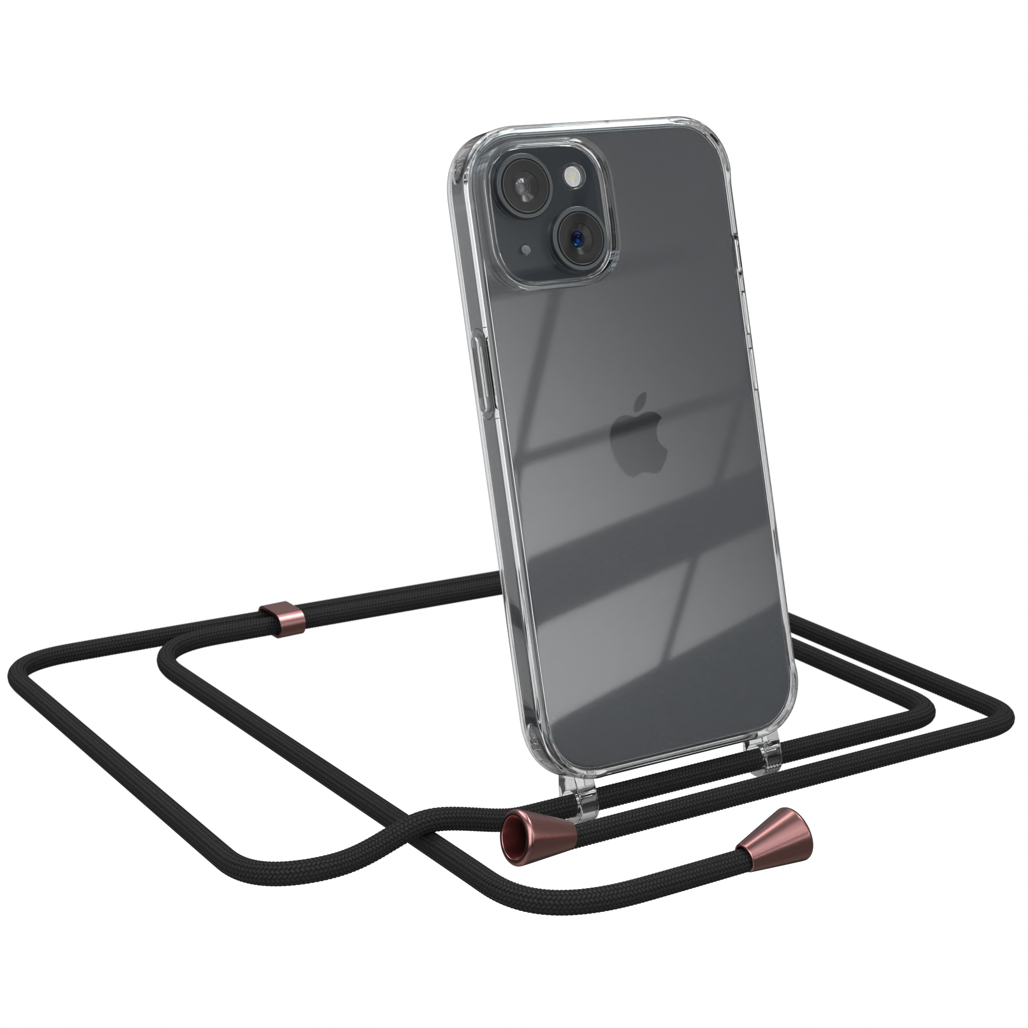Transparente Handyhülle mit schwarzem iPhone und schwarzem Handystrap. Der Strap hat kupferfarbene Enden.