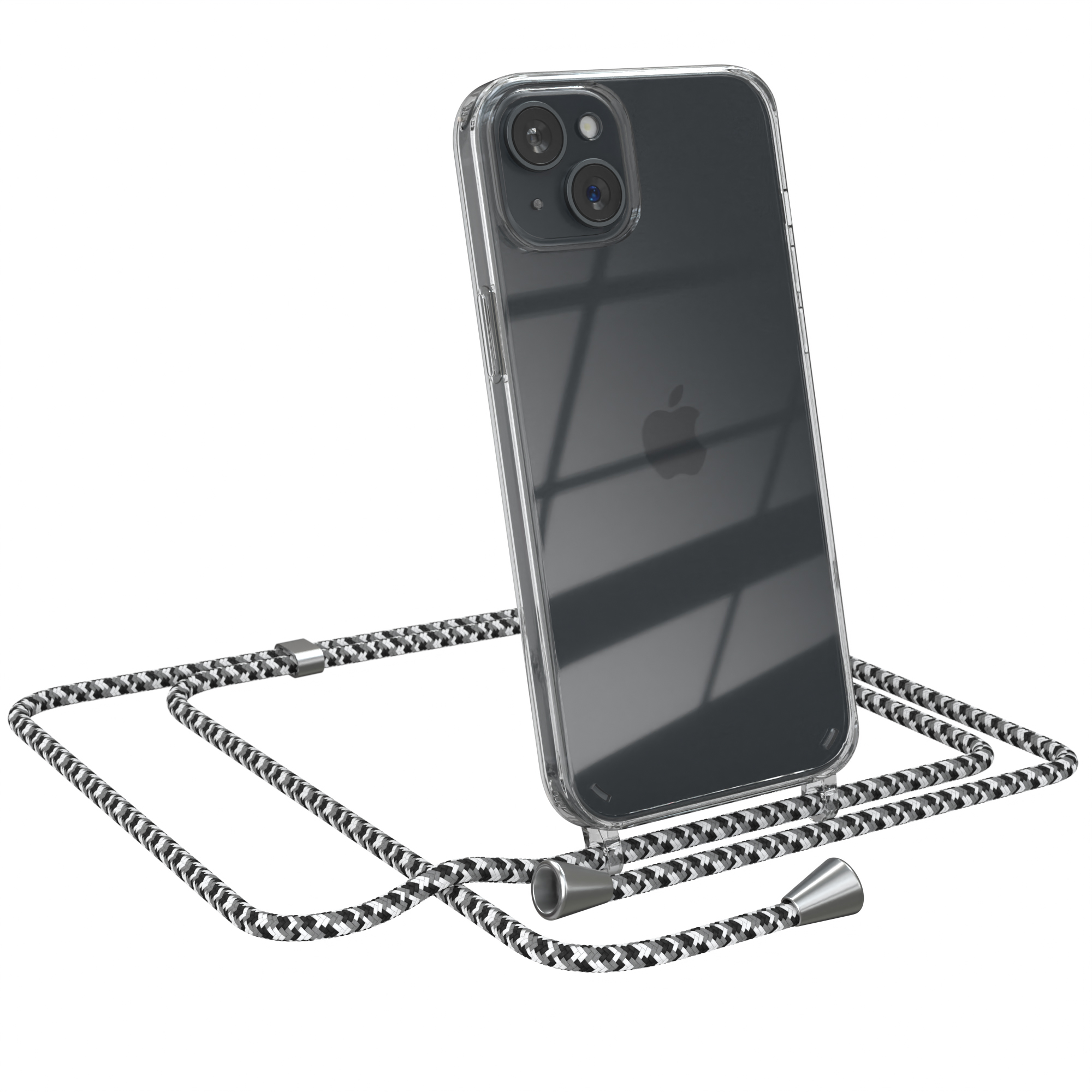 Ein iPhone in einer transparenten Hülle mit einem schwarz-weiß gemusterten Kabel.