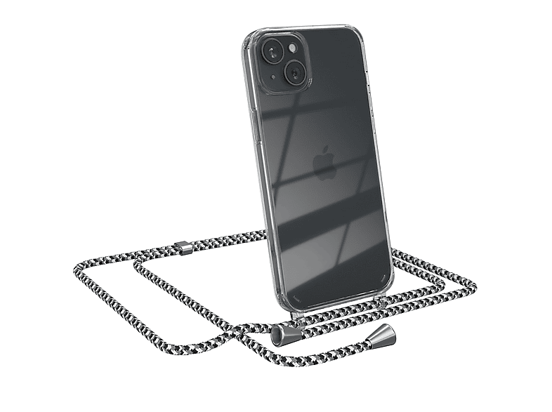 EAZY CASE Clear Cover mit Umhängeband, Umhängetasche, Apple, iPhone 15 Plus, Schwarz Camouflage / Clips Silber