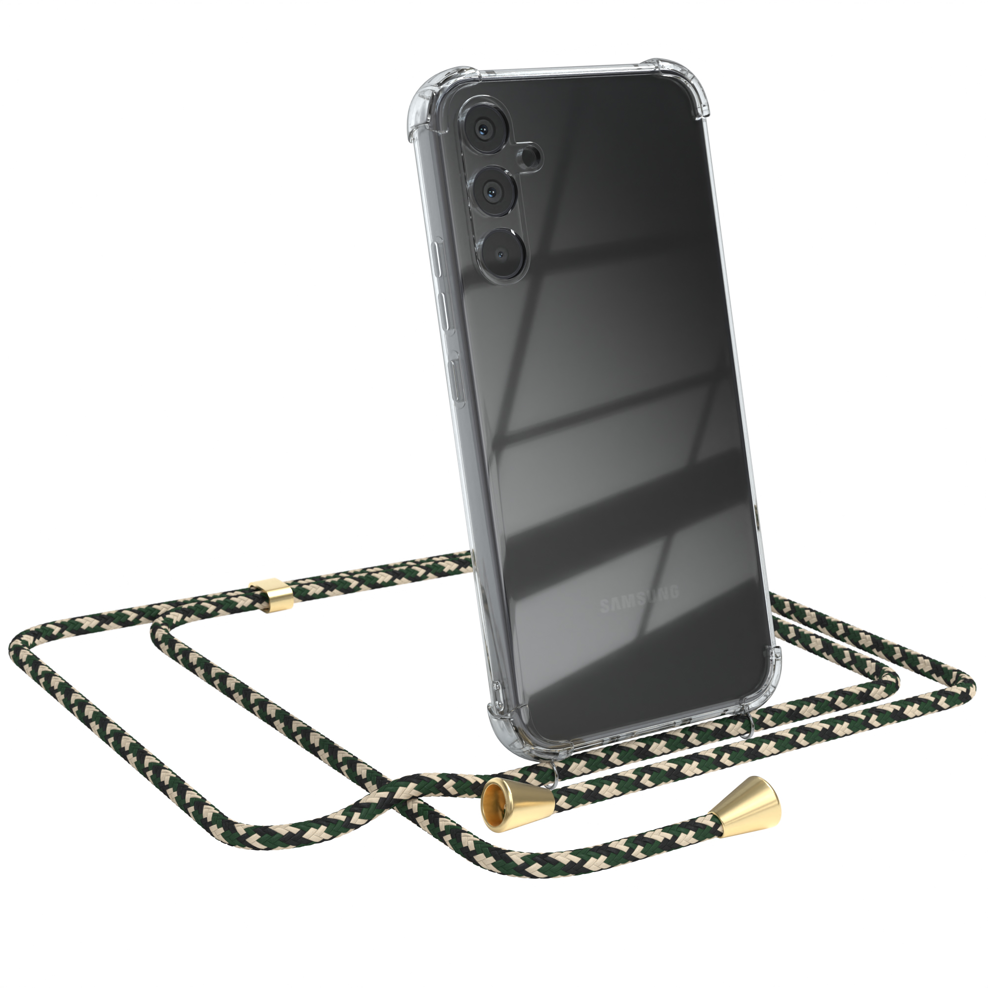 Transparente Handyhülle mit schwarzem Telefon und grün-weiß gemustertem Lanyard.