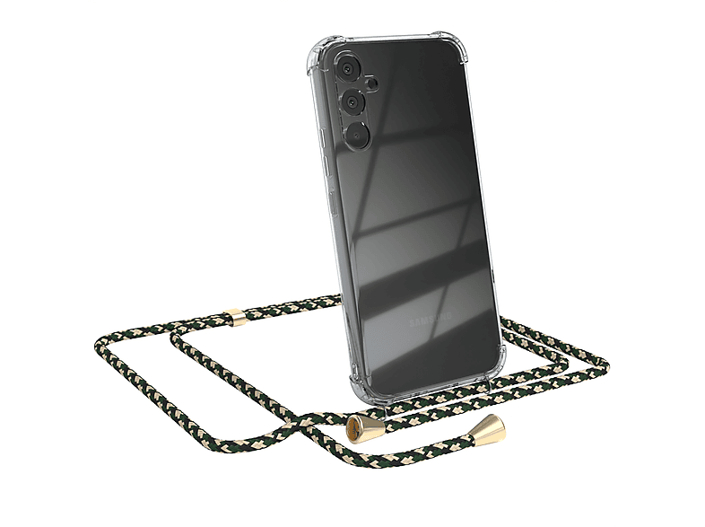 EAZY CASE Clear Cover mit Umhängeband, Umhängetasche, Samsung, Galaxy A34, Grün Camouflage / Clips Gold | Handyketten
