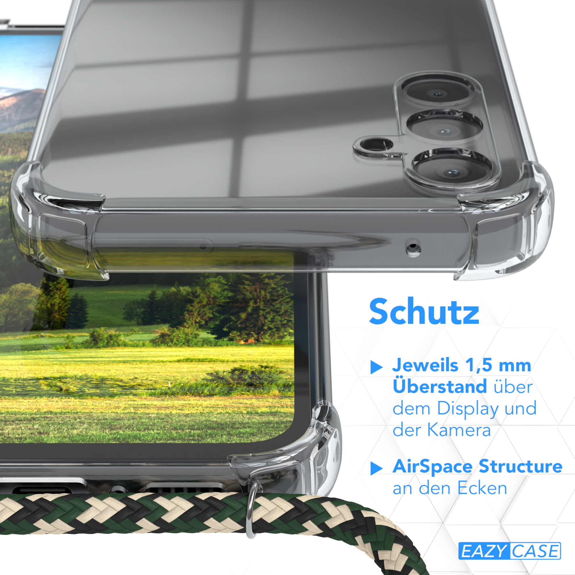 Ein Telefon in einer durchsichtigen Hülle wird gezeigt. Text auf Deutsch: Schutz, AirSpace Structure.