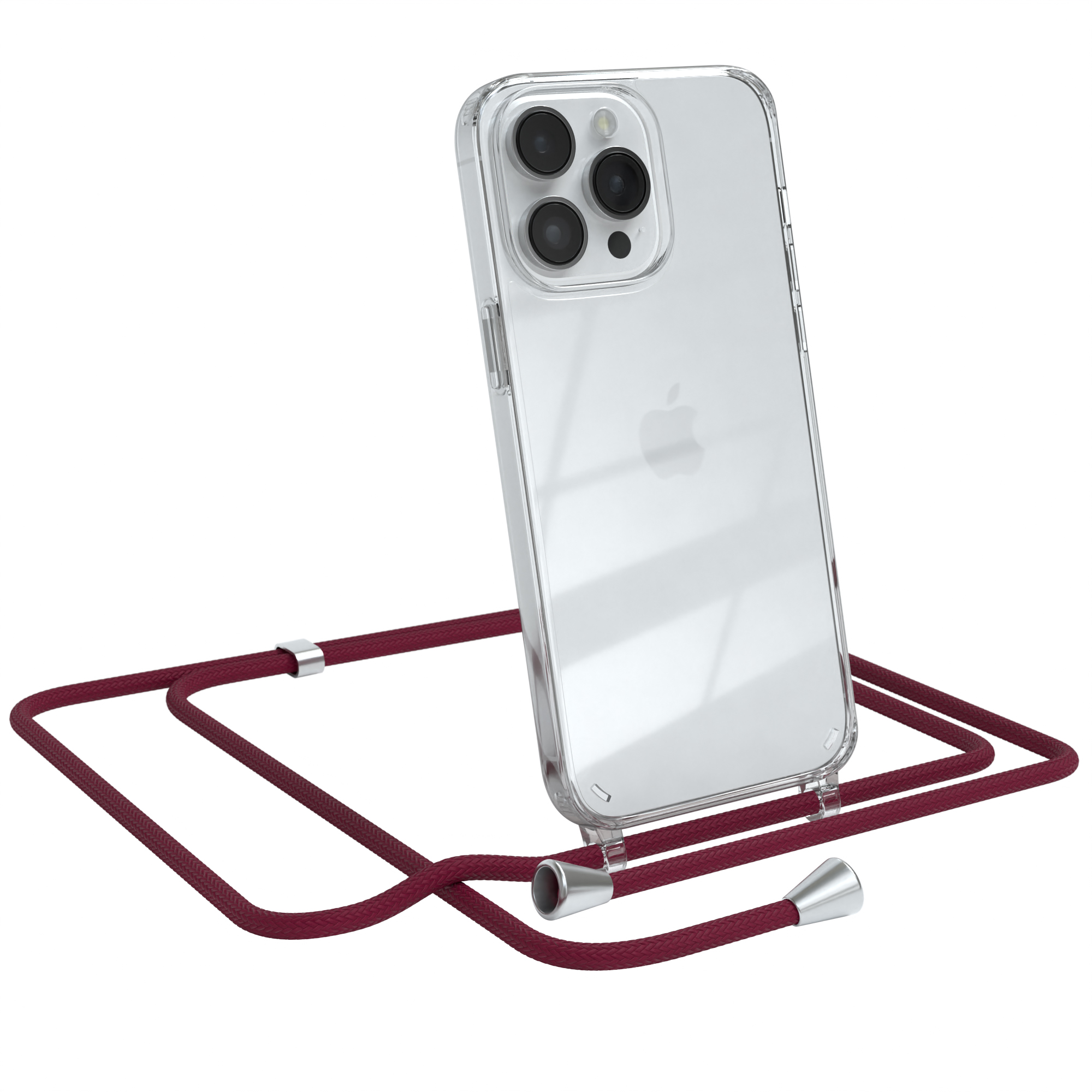 Klare Handyhülle mit burgunderfarbenem Schlüsselband, Telefon angewinkelt. Apple-Logo sichtbar.