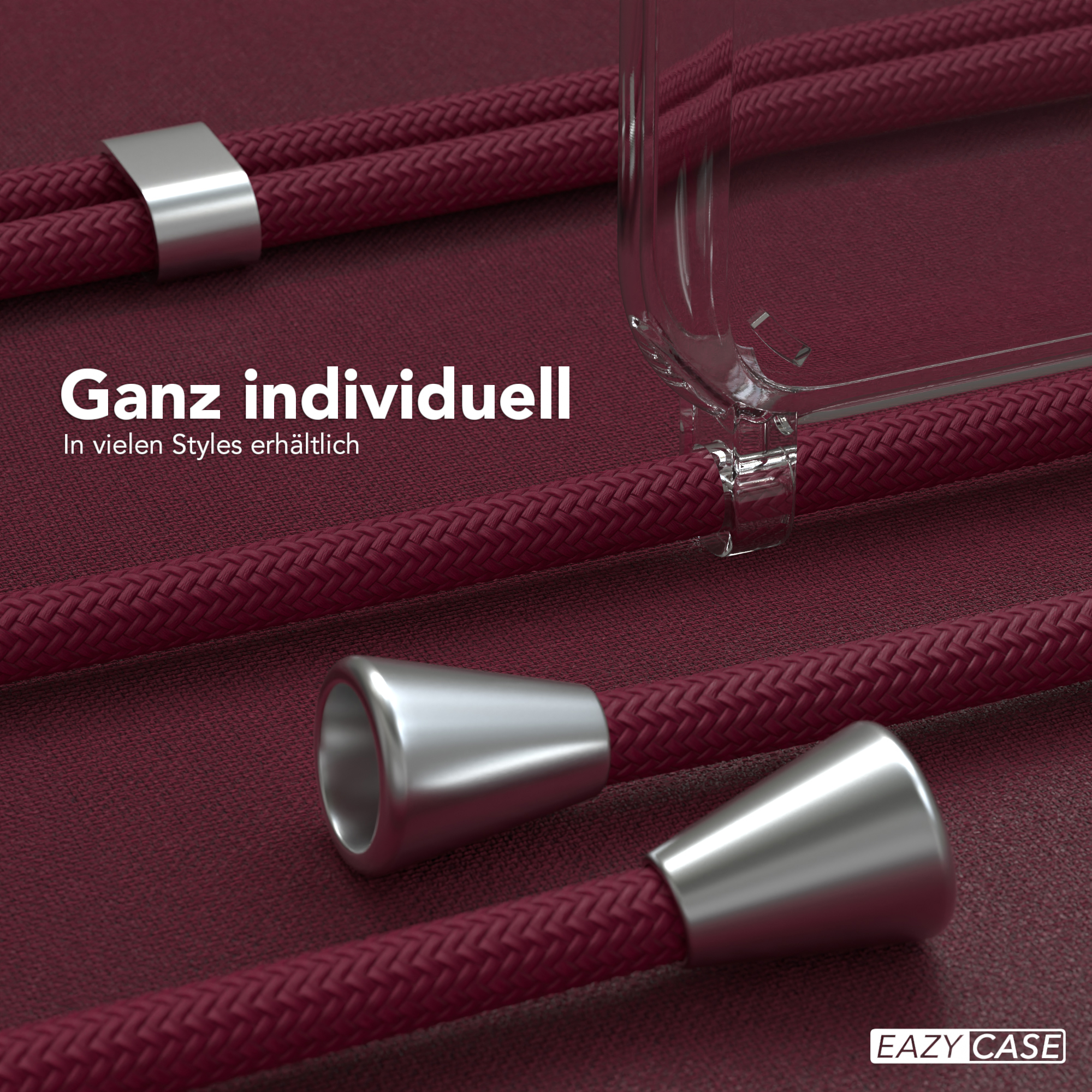 Nahaufnahme roter Kordeln und silberner Akzente mit Text 'Ganz individuell' und 'In vielen Styles erhältlich'.