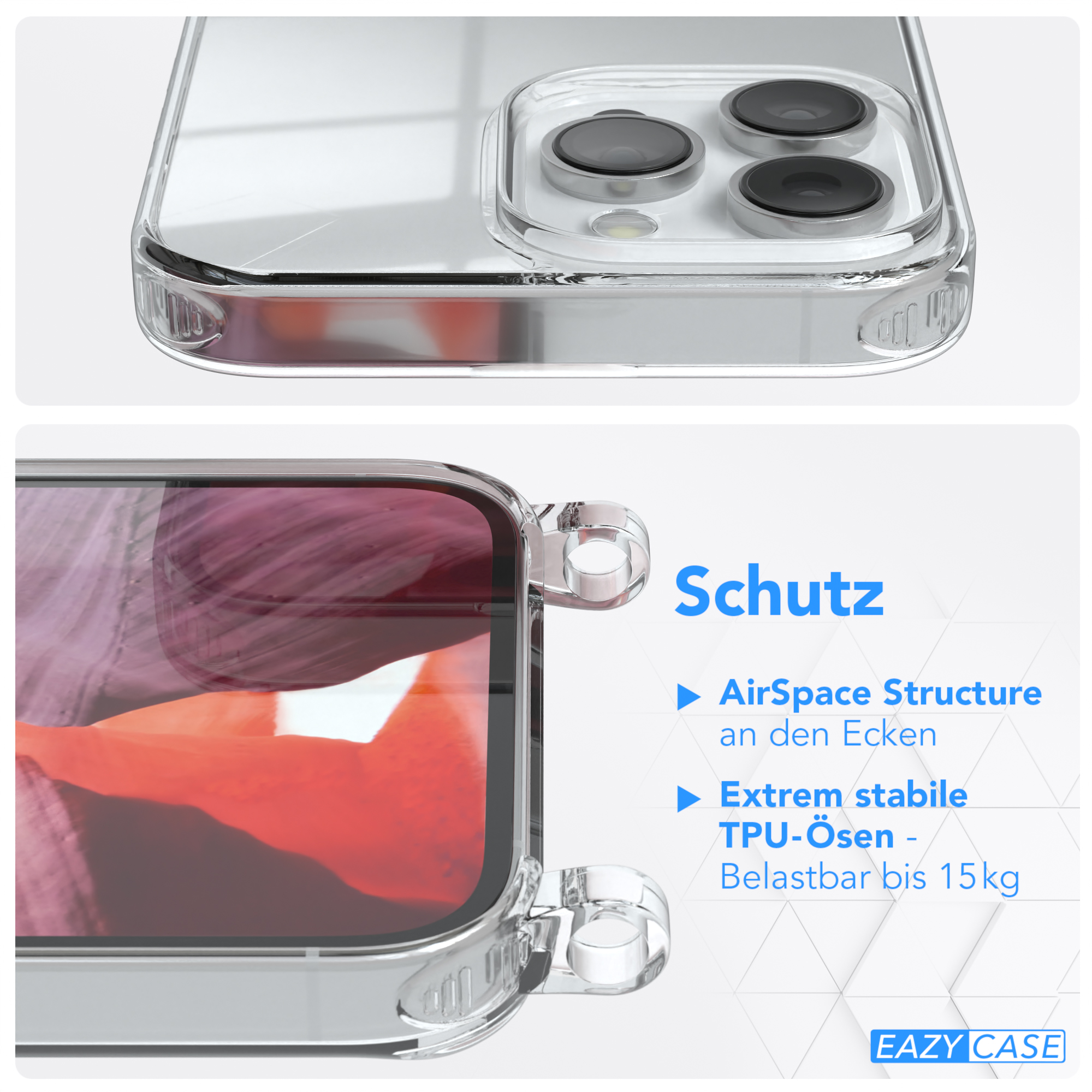 Transparente Handyhülle mit Schutzfunktionen, Nahaufnahme.
