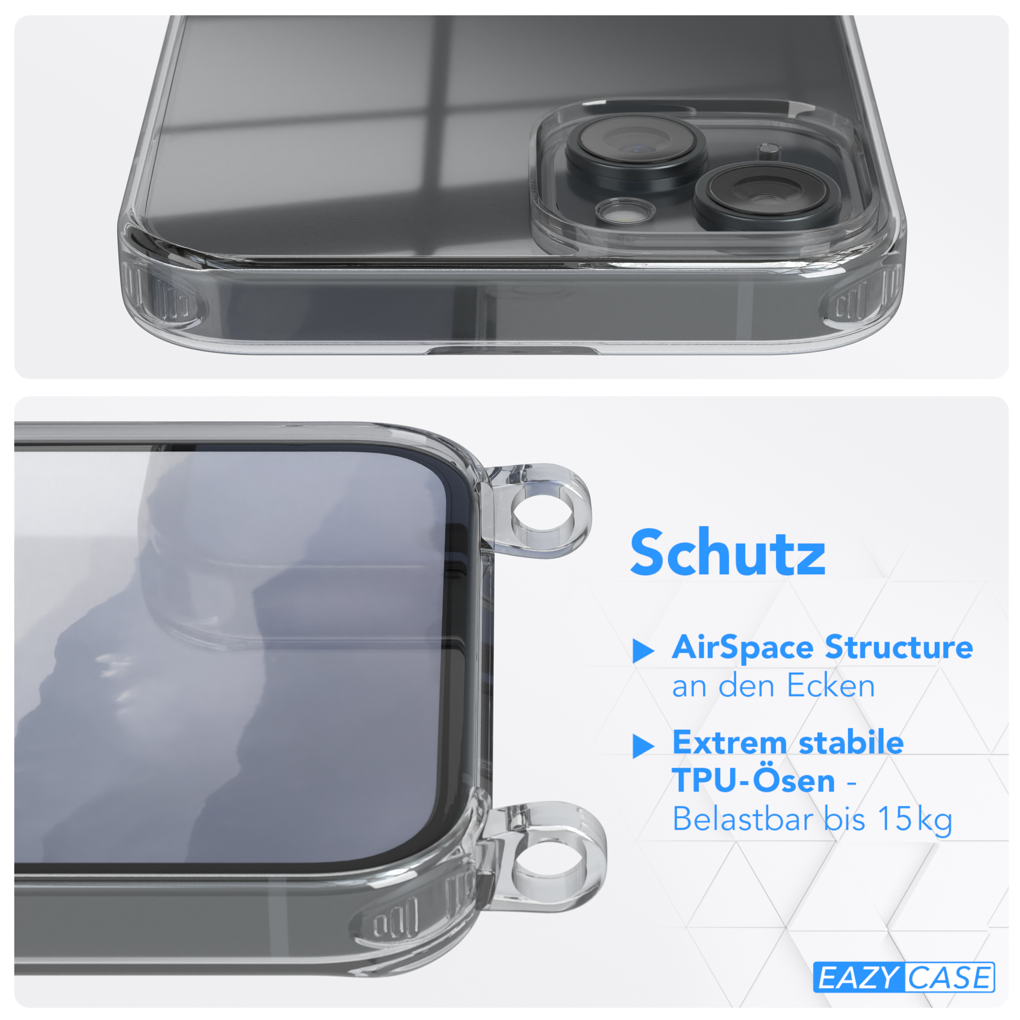 Eine Nahaufnahme einer Handyhülle auf einem Telefon mit Text und eine Nahaufnahme der Handyhülle.