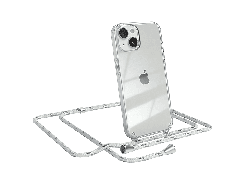 EAZY CASE Clear Cover mit Umhängeband, Umhängetasche, Apple, iPhone 14, Weiß / Clips Silber