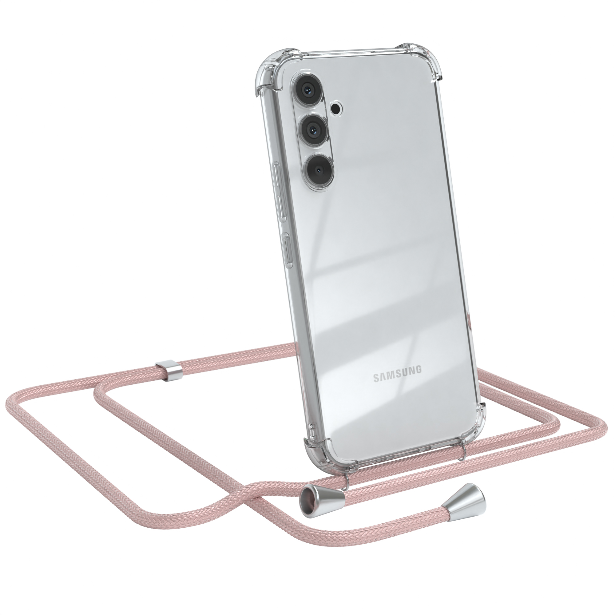 EAZY CASE Cover A54, Samsung, Umhängetasche, Clear mit Silber / Clips Rosé Umhängeband, Galaxy