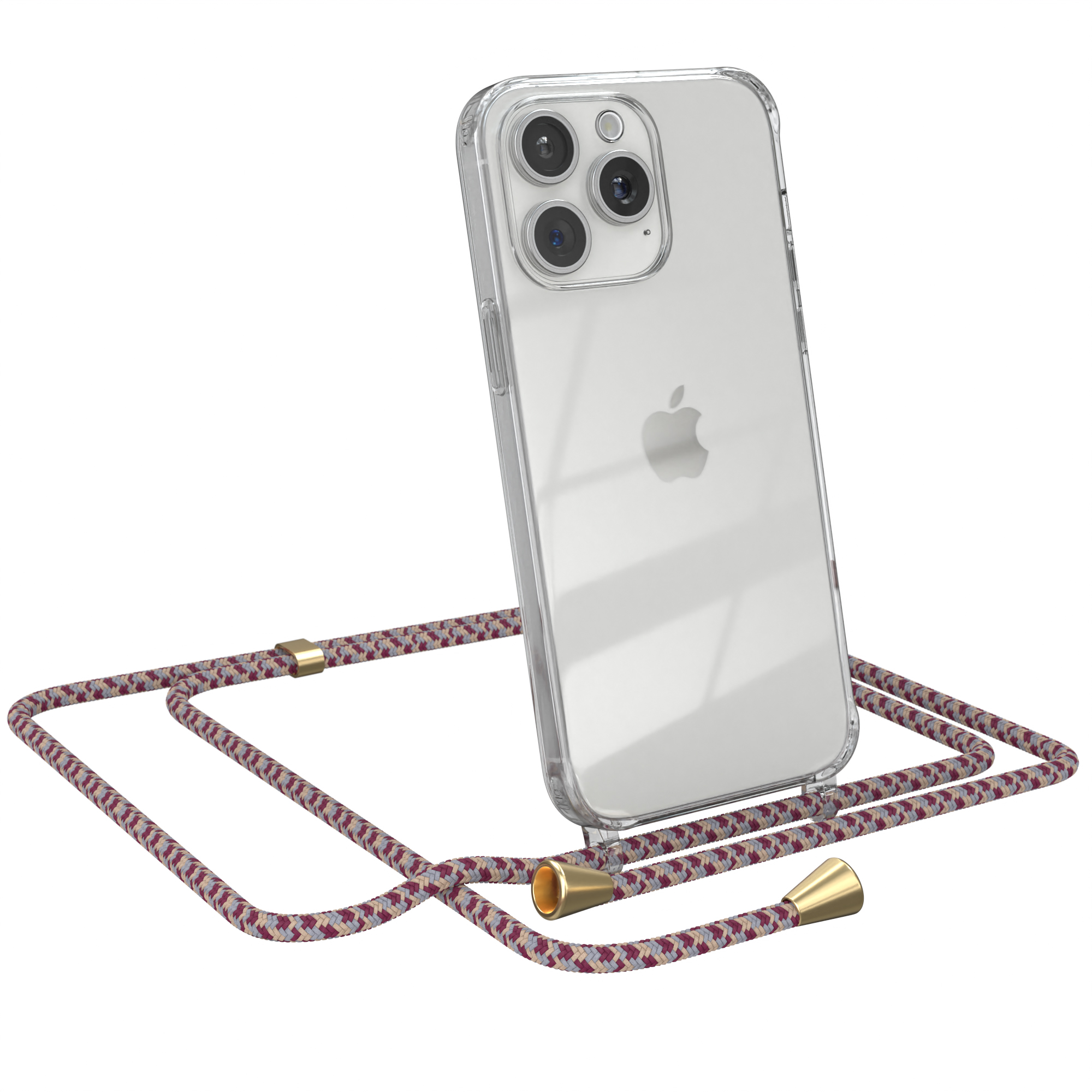 EAZY CASE Clear Cover mit Beige / Apple, Umhängetasche, Camouflage Clips iPhone Gold 15 Rot Max, Pro Umhängeband
