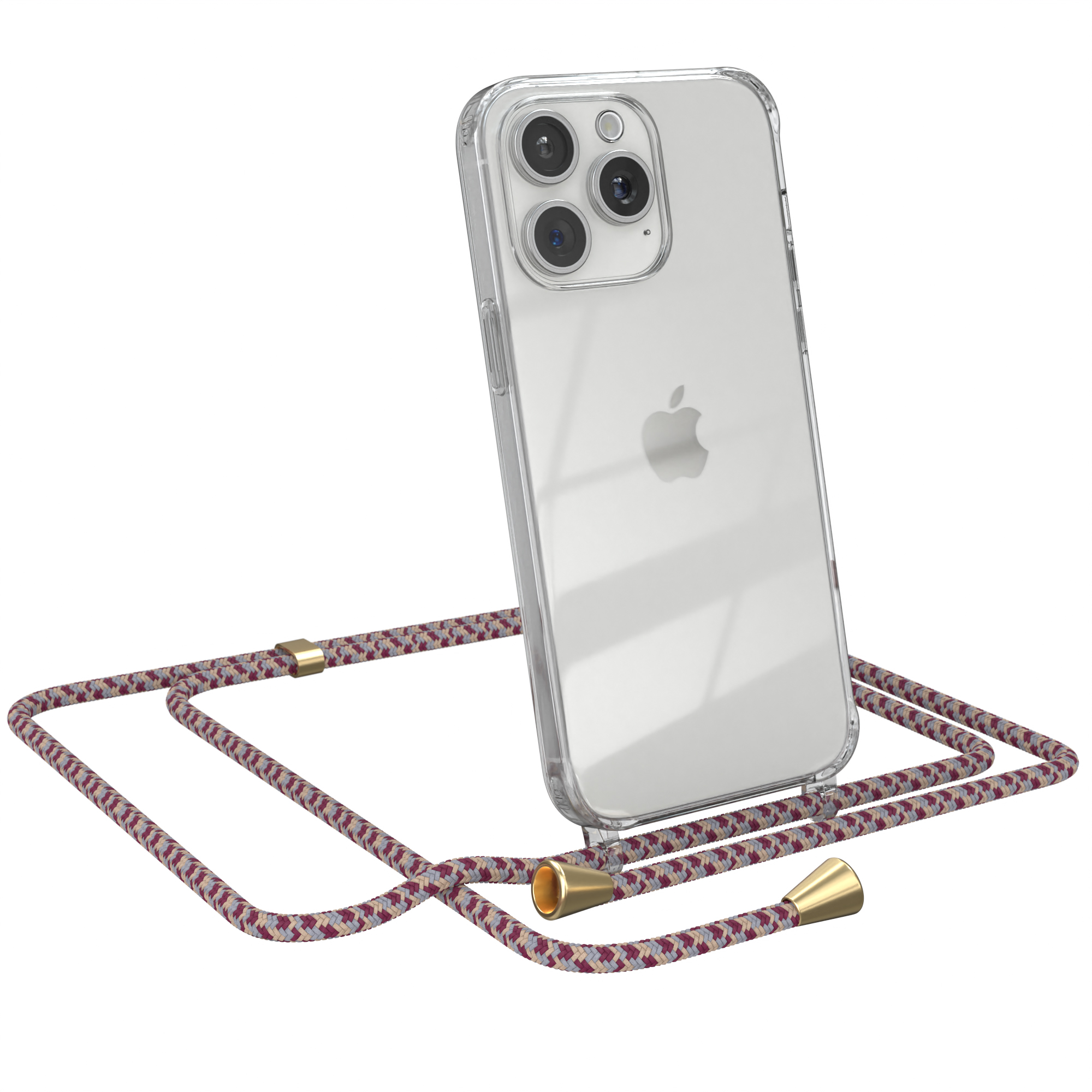 Transparente Handyhülle mit Seilriemen. Es ist ein iPhone, Kamera sichtbar.