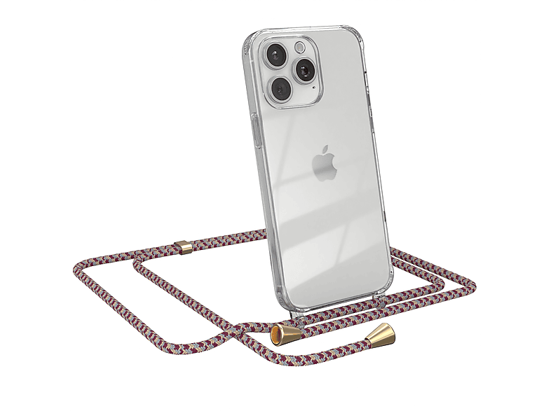 EAZY CASE Clear Cover mit Umhängeband, Umhängetasche, Apple, iPhone 15 Pro Max, Rot Beige Camouflage / Clips Gold